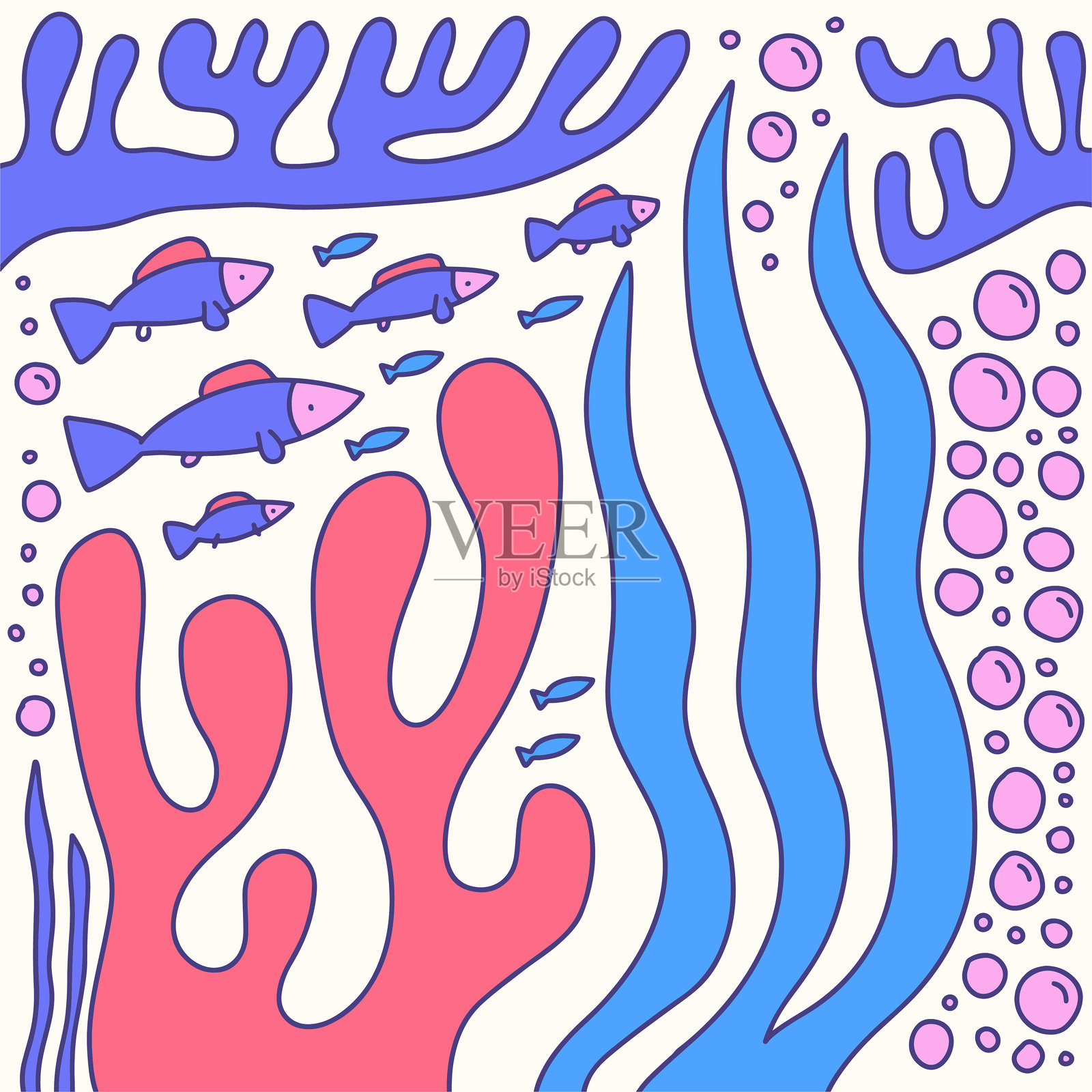 现代字母“你好，海洋”与章鱼、比目鱼、小丑鱼、海星和珊瑚的矢量海洋插图。水下海洋动物。生态设计适用于横幅、传单、明信片、网站设计和海报。插画图片素材