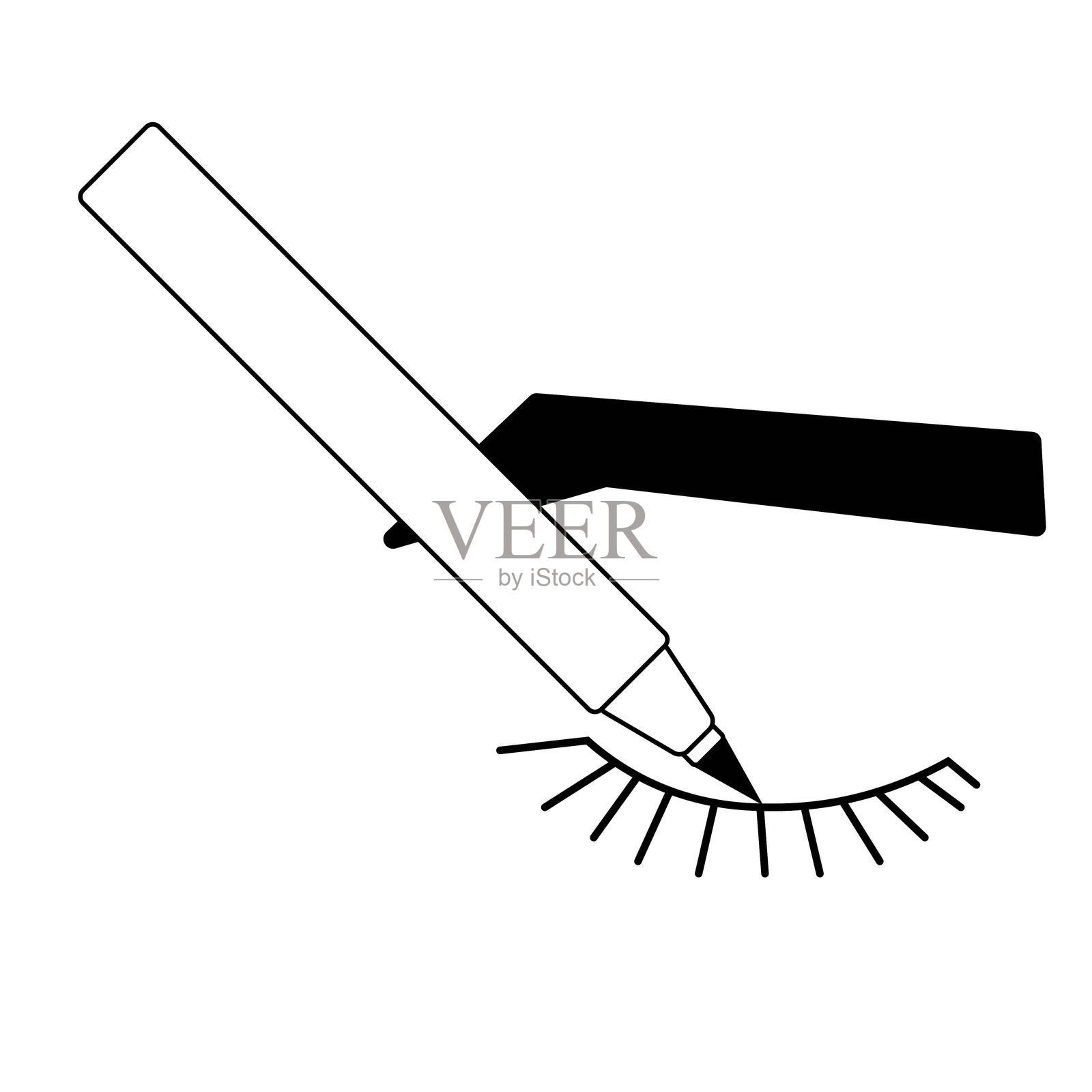 眼线笔化妆构图。矢量图形线条插图。黑白可爱的化妆艺术。适用于横幅、面料印刷、标签、T恤印刷的背景。插画图片素材