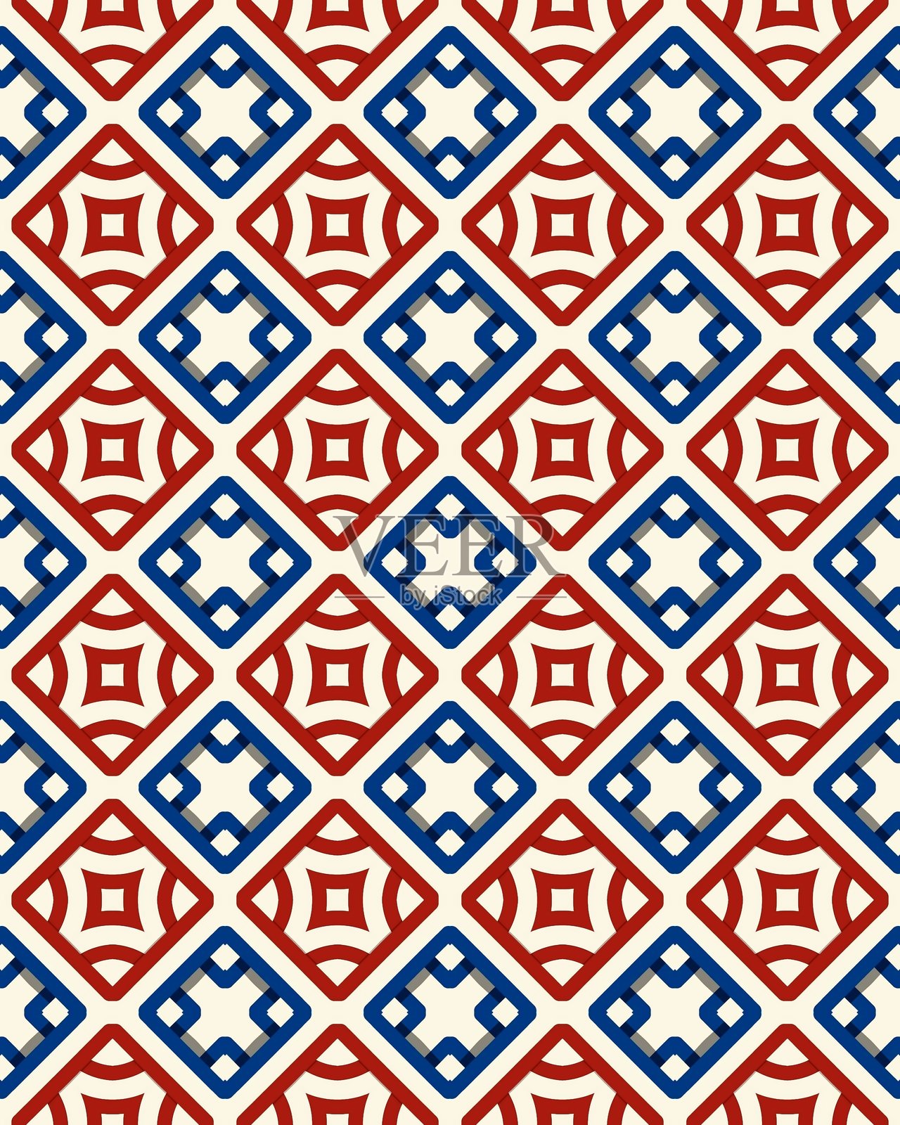 复杂的红、蓝和白色几何形状的瓷砖排列形成了生动的表面纹理，展现出活泼的图案。插画图片素材