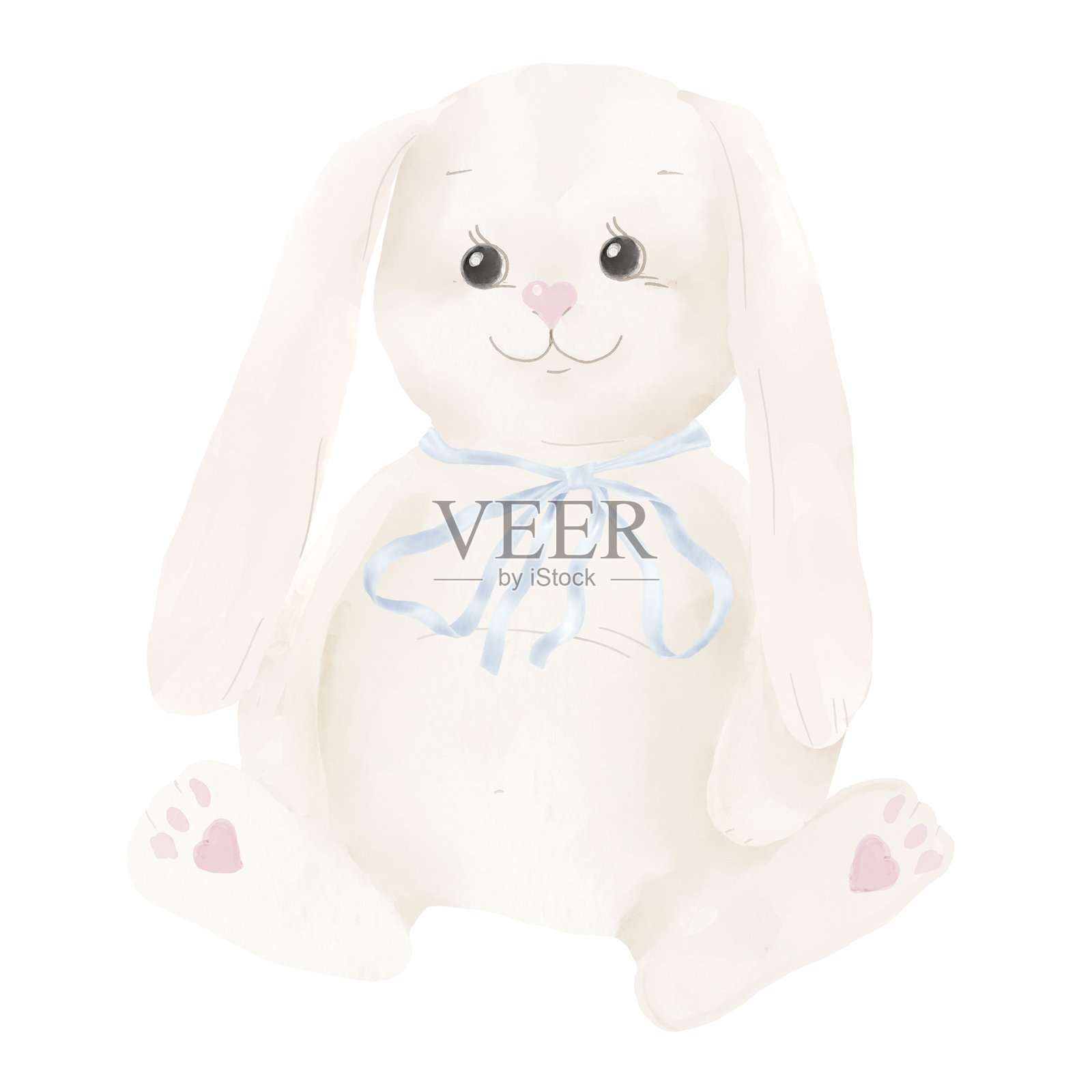 一只长耳朵的柔软毛绒兔子，玩具填充物。水彩插图。一个带有蝴蝶结的搞笑玩具动物，突出在白色背景上。适合儿童主题。插画图片素材