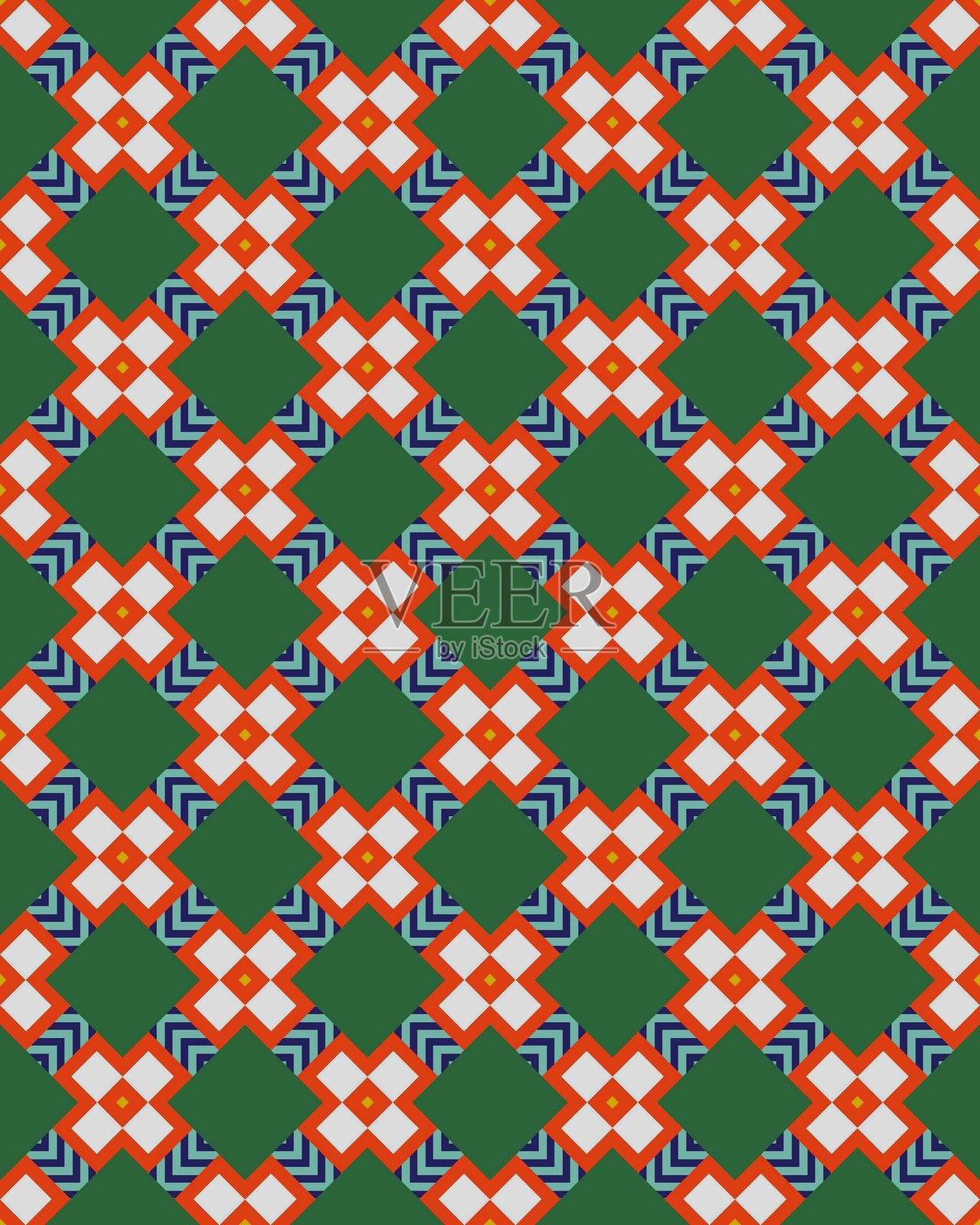 一个生动的图案展示了复杂的几何形状，采用红色、白色和蓝色，排列在绿色背景上的重复布局中。插画图片素材