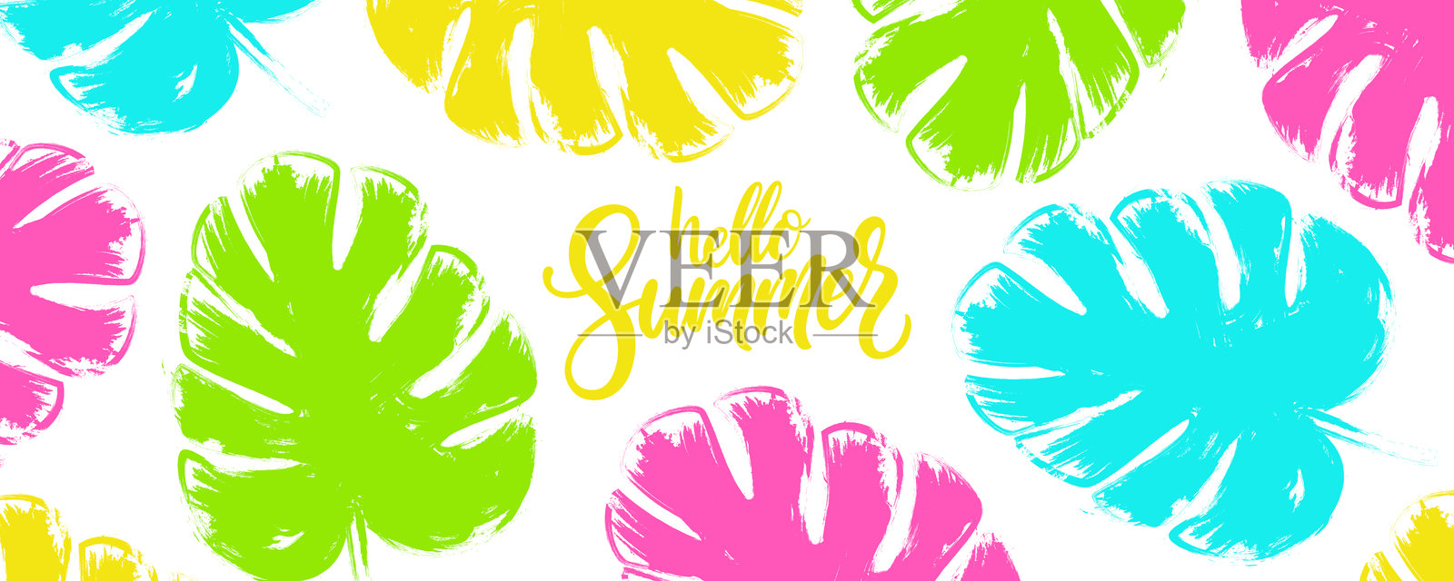 你好夏天。笔触风格的龟背竹叶。适合夏季创意图形设计的热带叶子背景。插画图片素材