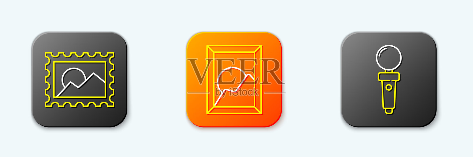 邮政邮票图案，风景图片和街机游戏机图标。矢量图。插画图片素材