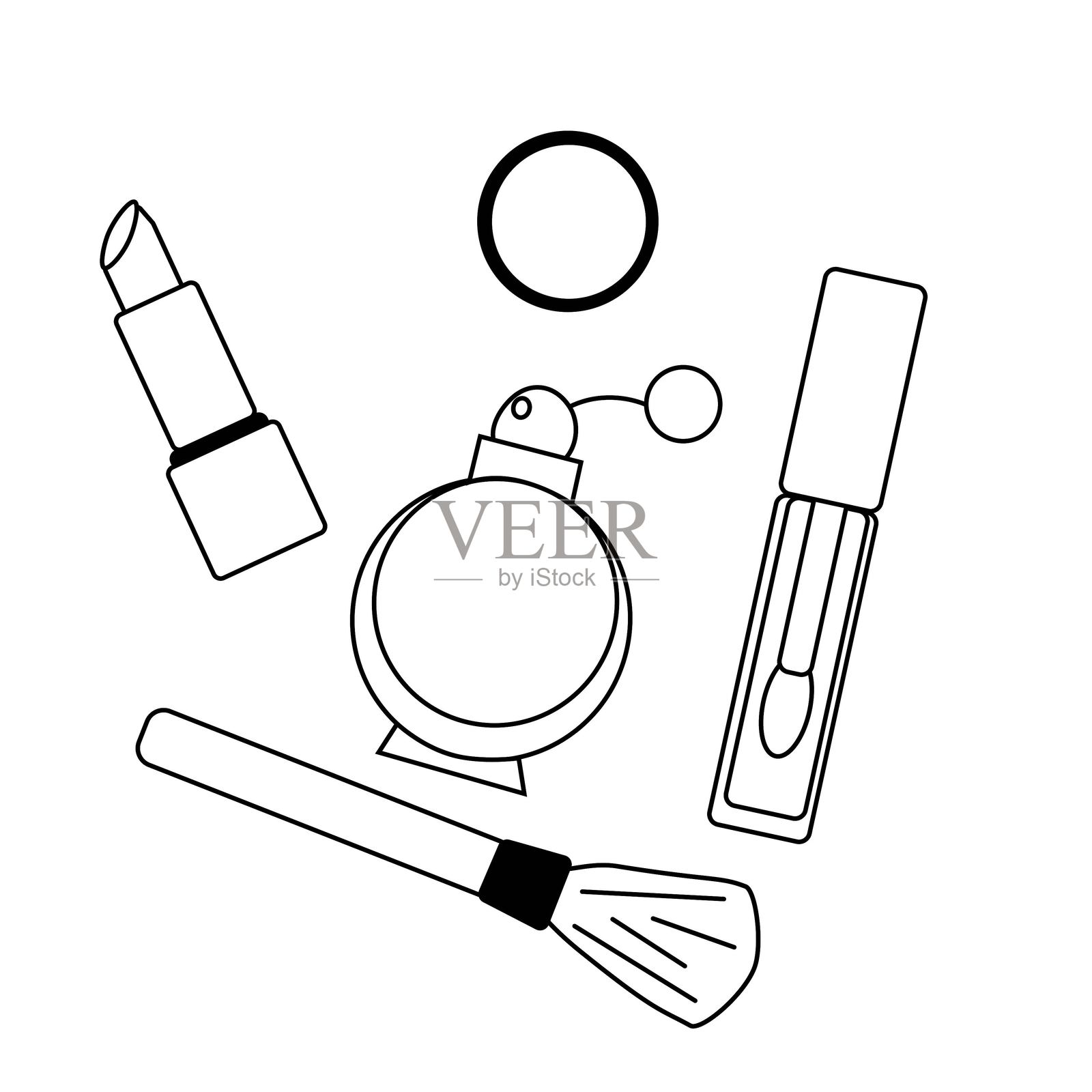 美容配件，化妆品组成。矢量图形线条插图。黑白可爱的化妆艺术。适用于海报、传单、横幅、邀请函、社交媒体、派对或促销。插画图片素材