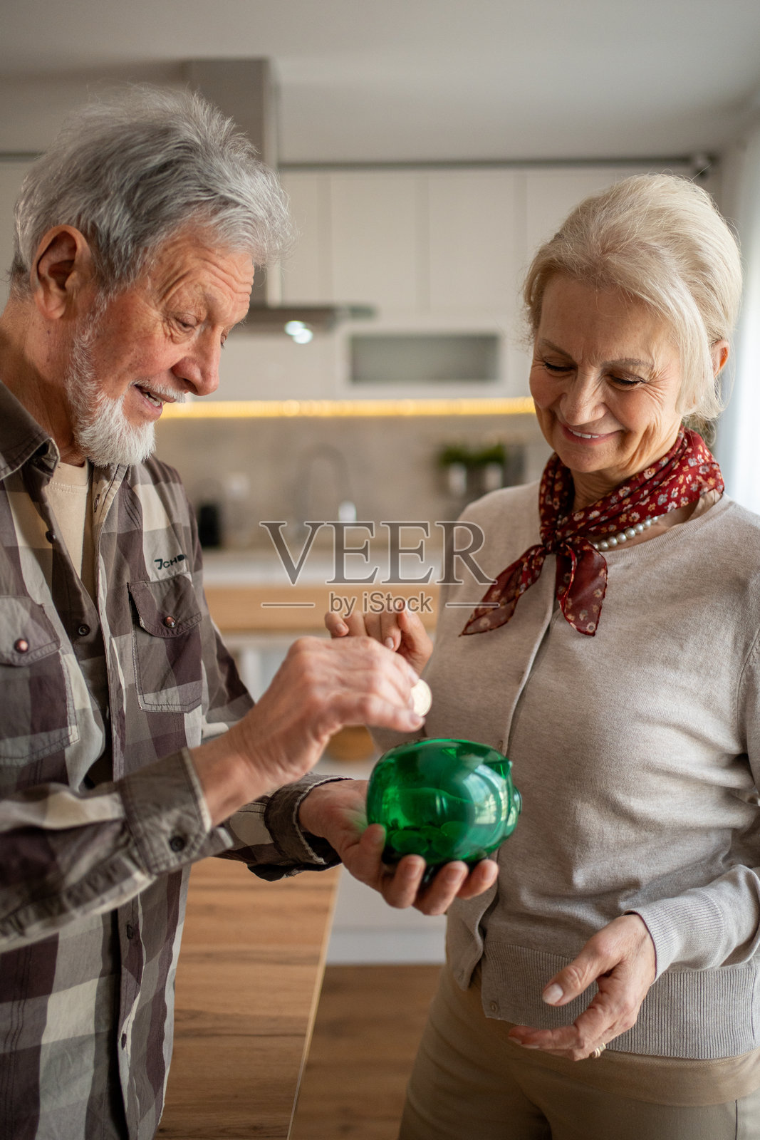 快乐的老年夫妇在家里往储蓄罐里放钱照片摄影图片