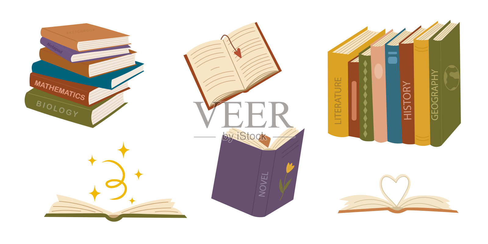 可爱的多彩书籍收藏。不同的书堆和书堆，包含打开和关闭的书籍。教育主题，科学和小说文学。插画图片素材