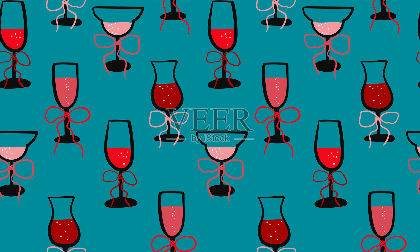 现代抽象无缝图案，带有眼镜和蝴蝶结，翡翠色背景，适用于网页设计、明信片、纺织品和壁纸。插画图片素材