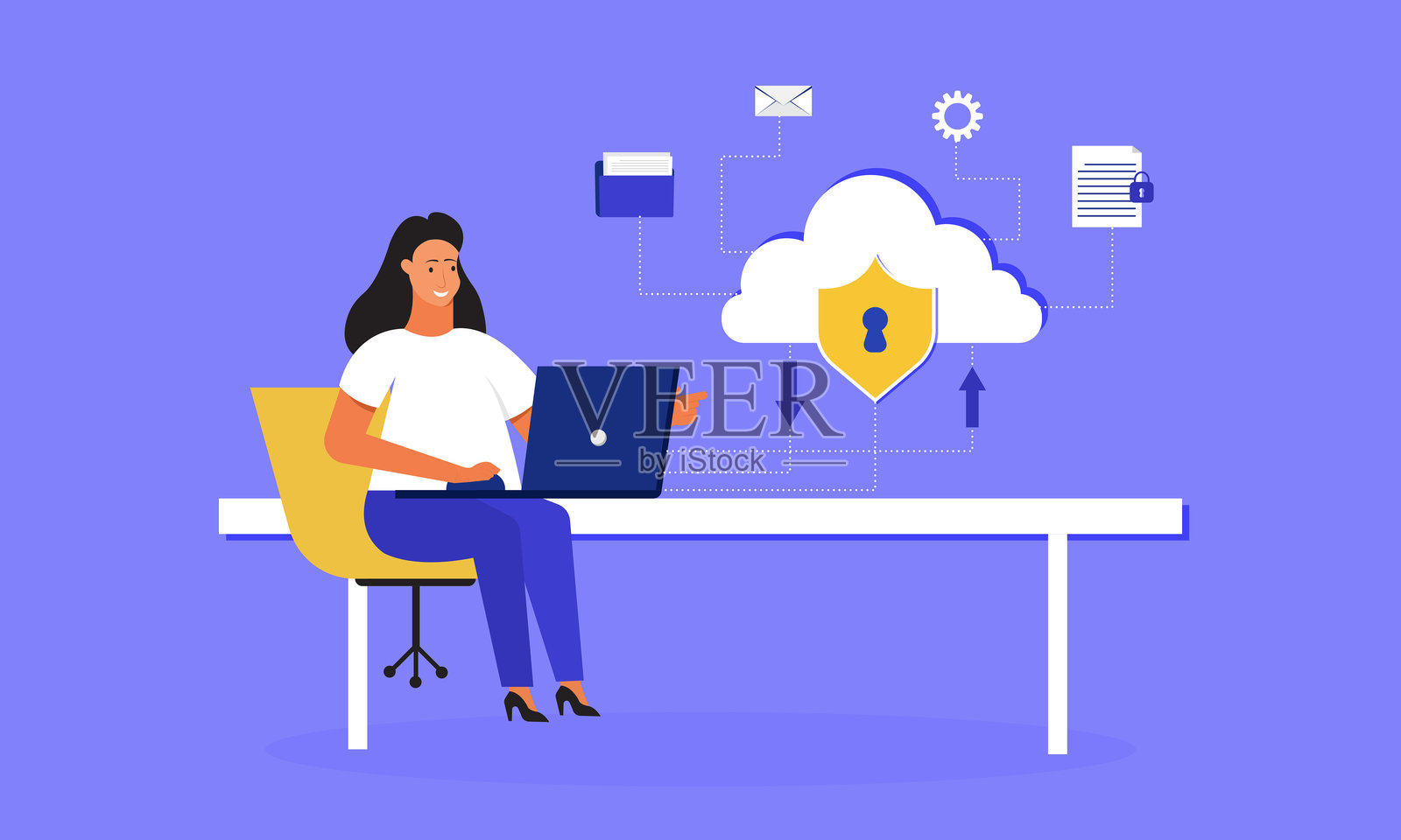 云计算概念。女性在电脑前工作，上传文件到安全的云存储并使用数据库服务。插画图片素材