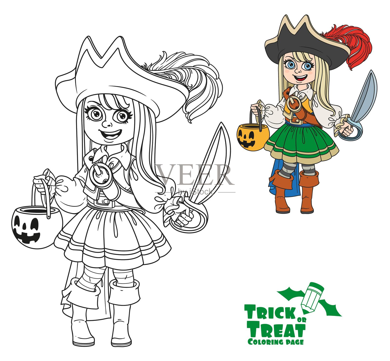 可爱的女孩穿着海盗服，手提一个装糖果的南瓜袋，适合涂色的轮廓图。插画图片素材