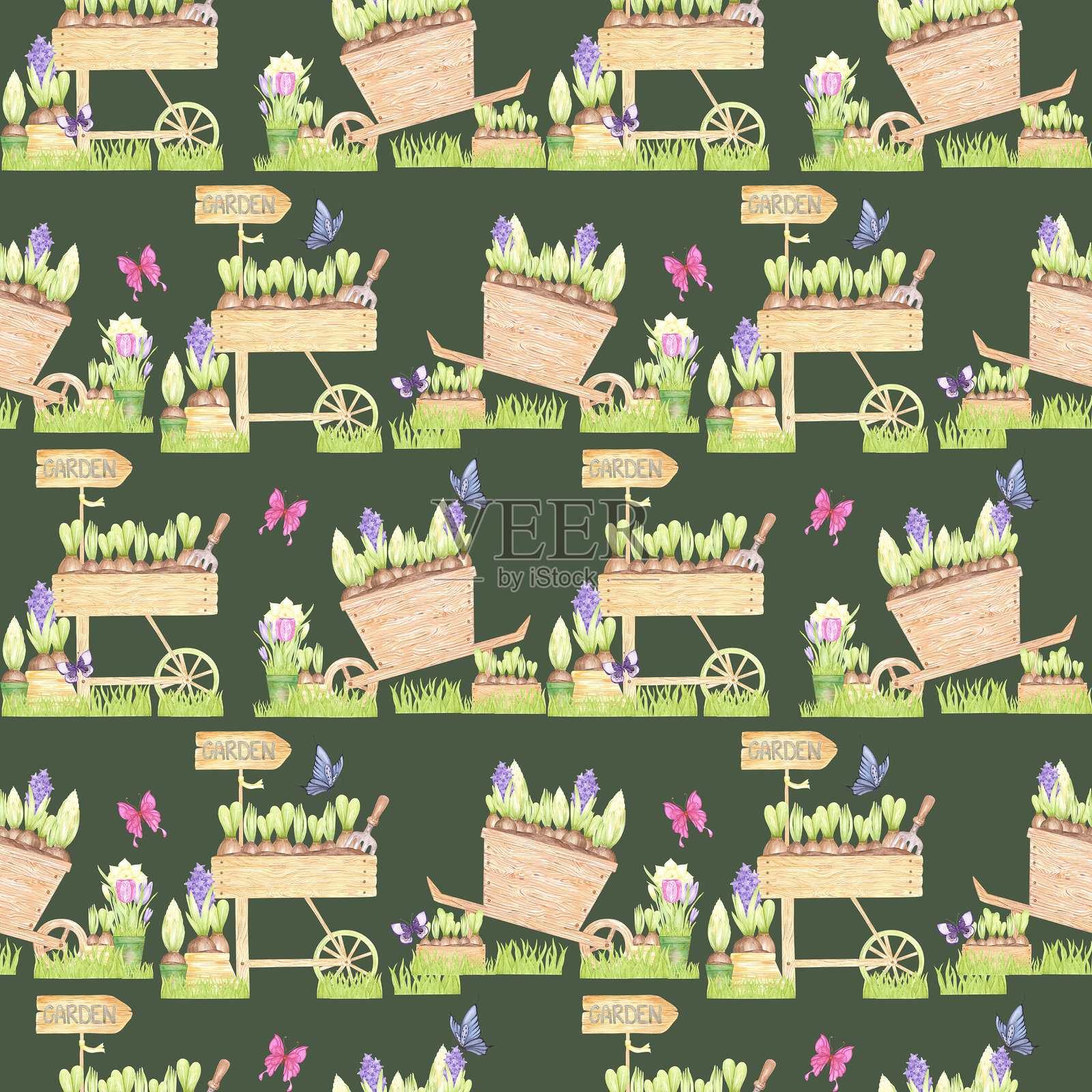 手绘水彩春花与蝴蝶的无缝图案，装在手推车和盒子里，背景为深绿色。可用于纺织品、布料、剪贴簿及其他印刷产品。插画图片素材