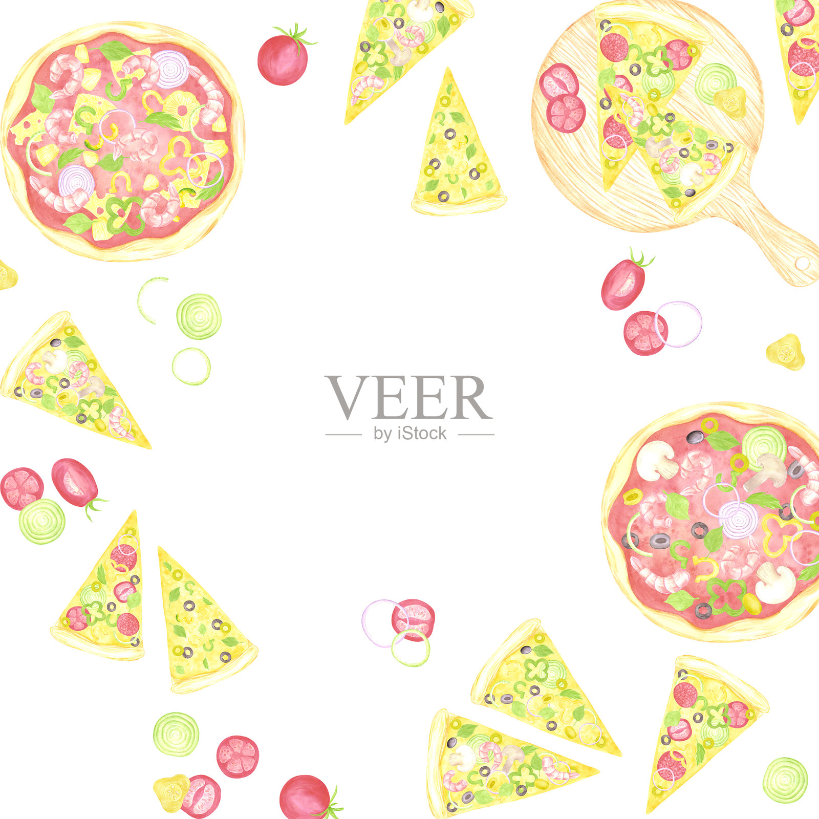 手绘水彩披萨，带有切片边框。插图中有切好的番茄、洋葱和腌黄瓜，背景为白色。可用于标签、卡片、剪贴簿及其他印刷产品。插画图片素材