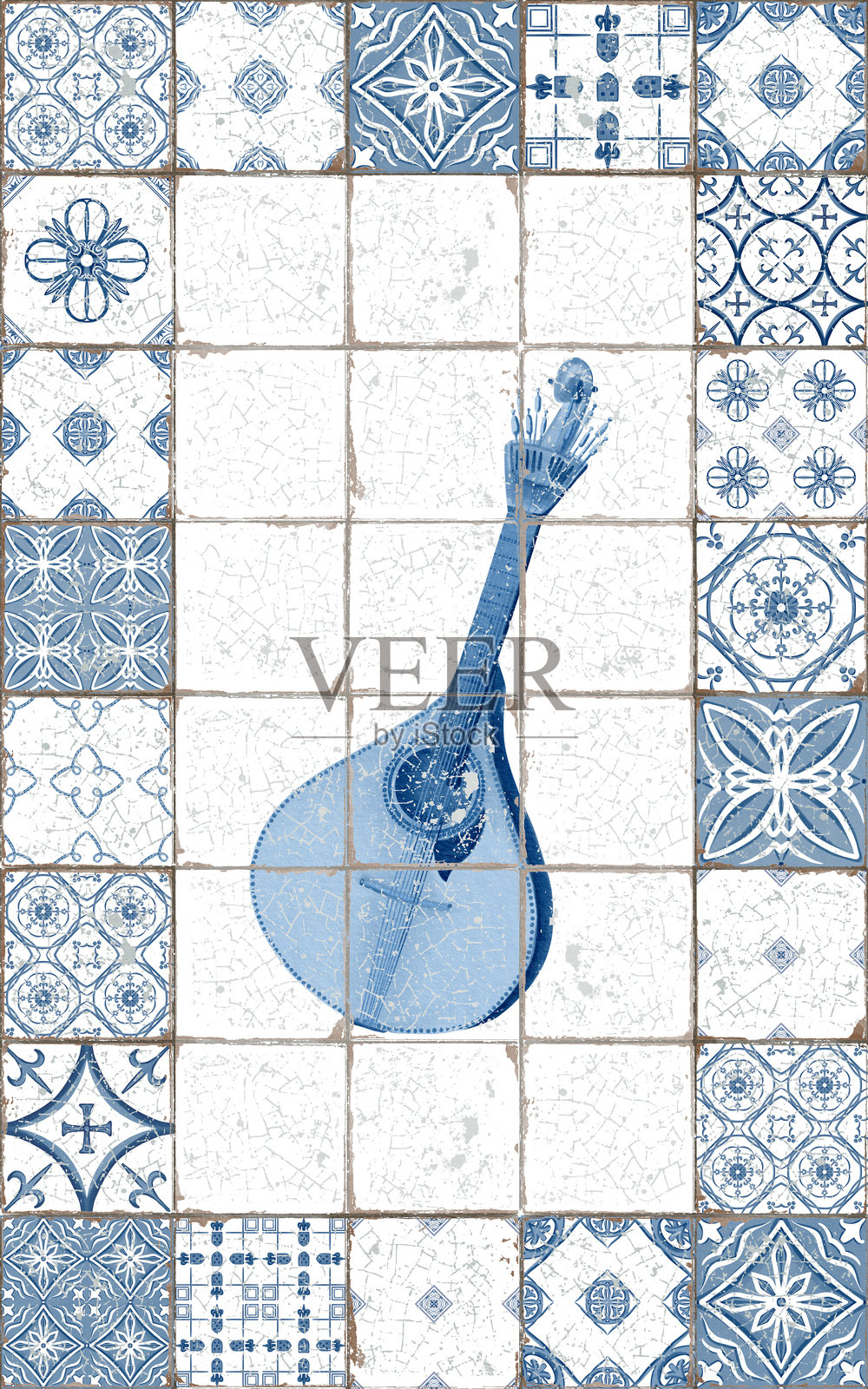 法多吉他的矩形框架由方形陶瓷砖制成，具有复古风格的裂缝和划痕。蓝白色水彩插图。葡萄牙文化的象征。插画图片素材