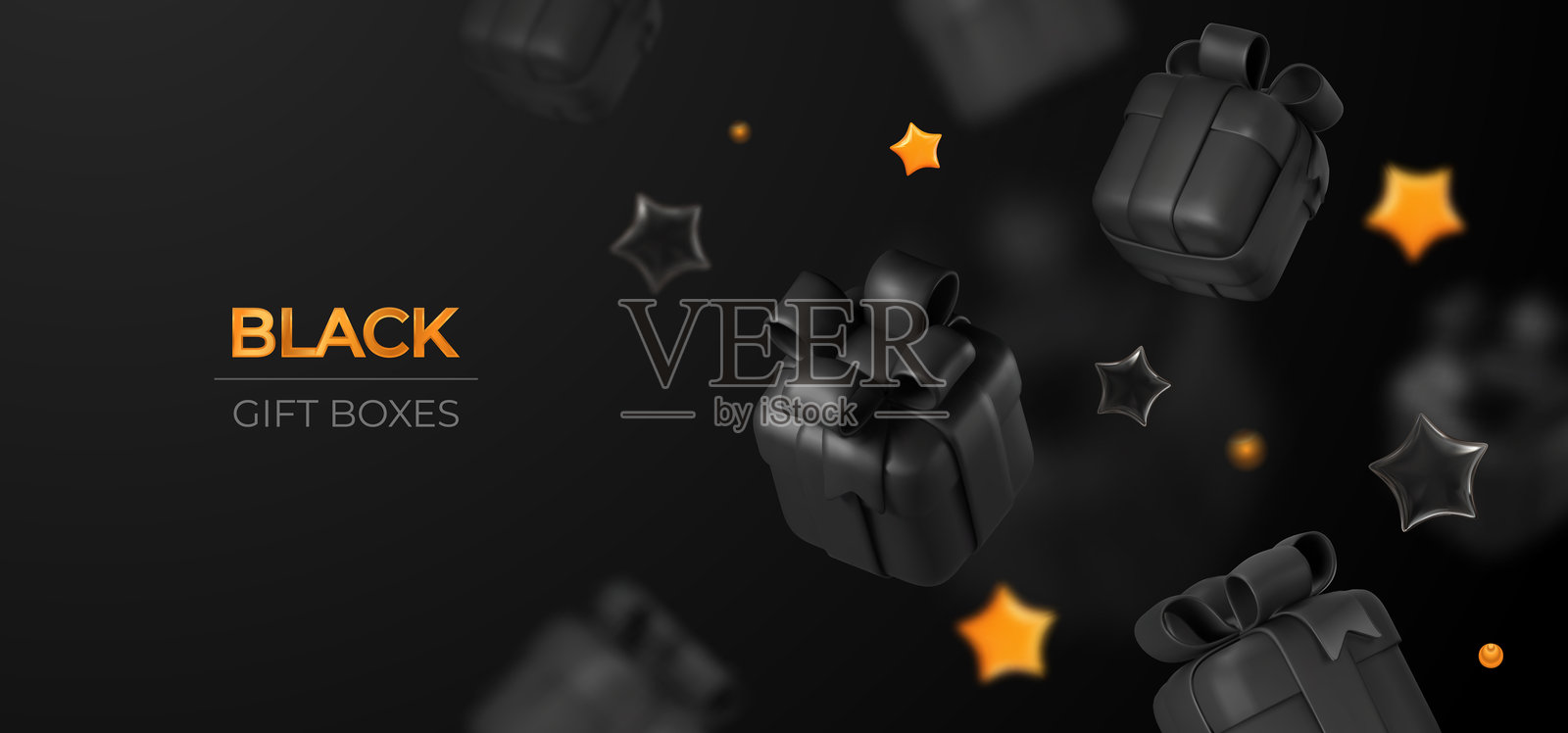 黑色3D礼品盒，配有丝带和漂浮的星星，背景为深色。非常适合奢华、促销、节日或庆祝主题。矢量插图。插画图片素材