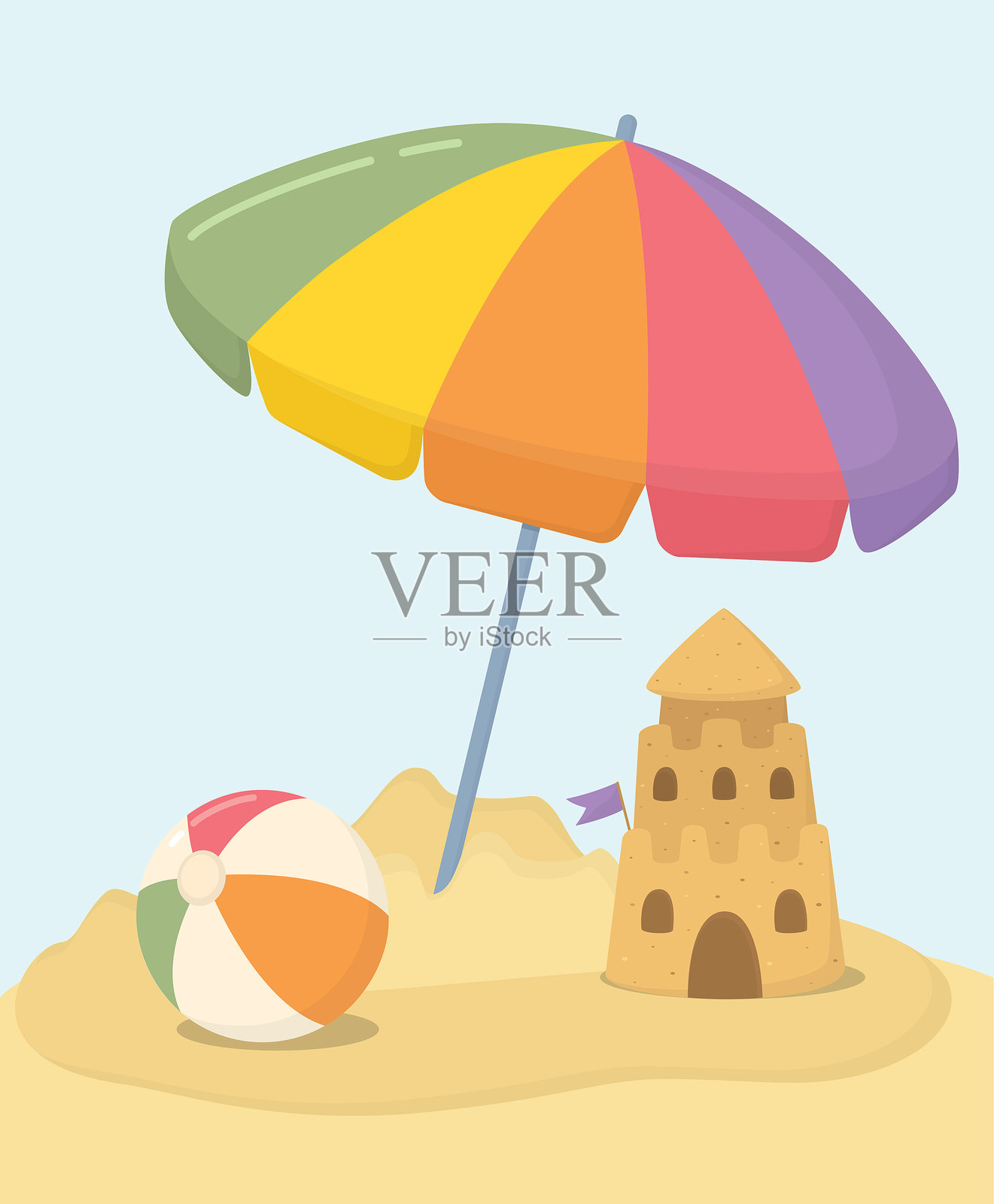 夏季插图，色彩斑斓的伞、球和沙堡插画图片素材