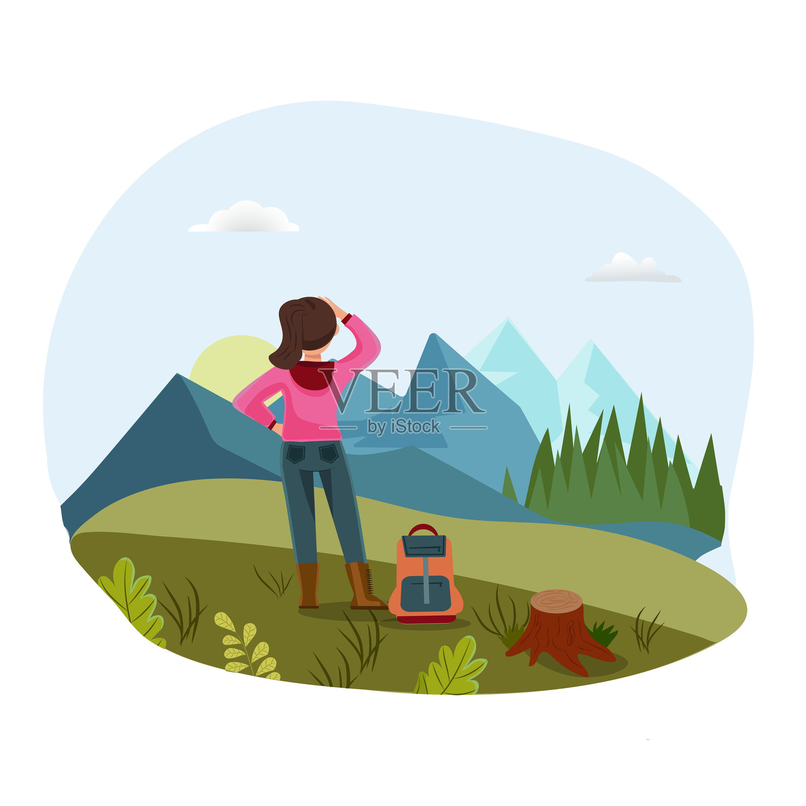 年轻女孩在山间徒步旅行时自拍的矢量插图。风景背景包括树木、河流和山脉。插画图片素材