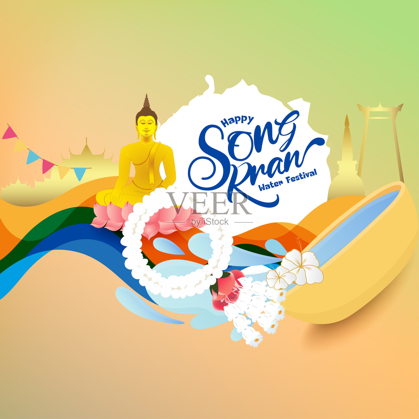 宋干节水祭旅行泰国，水碗中的花朵，水花四溅和茉莉花串，坐在莲花上的佛陀矢量插图背景插画图片素材