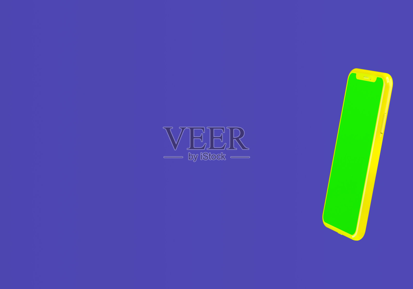 黄色智能手机在蓝色背景上漂浮，屏幕为绿色。照片摄影图片