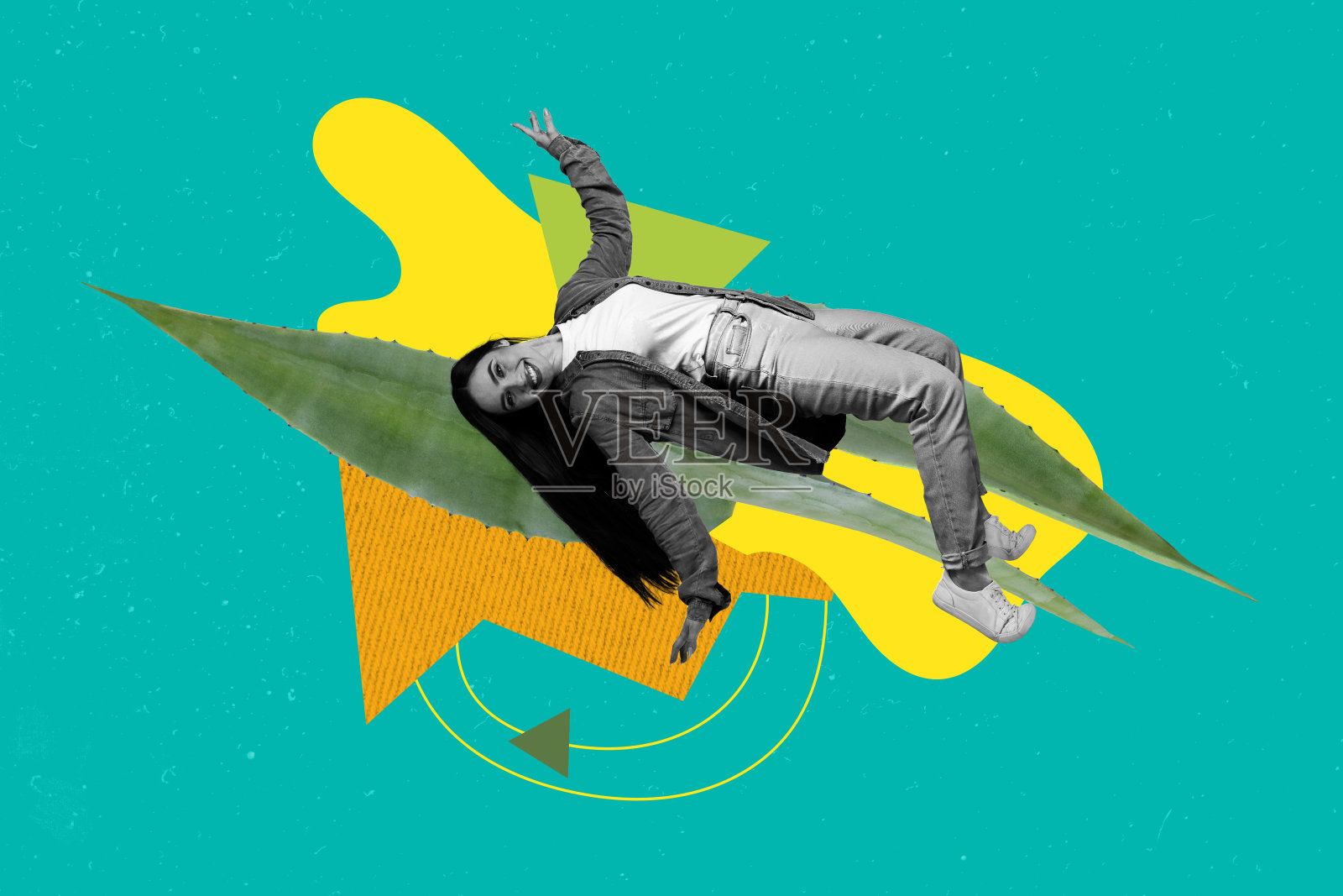 模板图像拼贴，人物在绿色芦荟植物上飞翔，背景为绿色。照片摄影图片