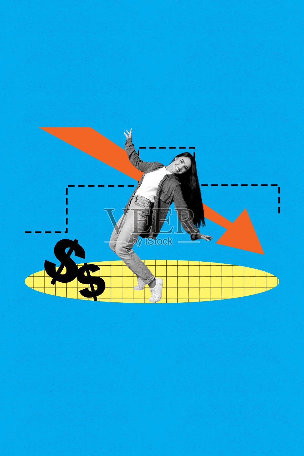 流行杂志3D竖版照片拼贴，展示一位缺乏经验的女商人与男商人站在箭头下降的统计数据、经济衰退和美元危机前。照片摄影图片