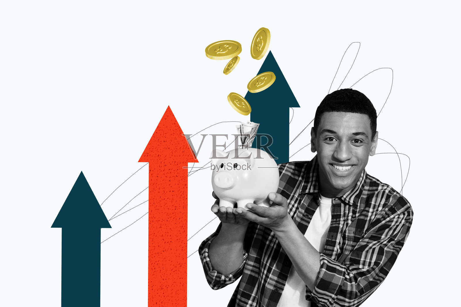 海报草图图像艺术作品 3D 照片拼贴，展示一位微笑的年轻男子手持储蓄猪，象征着成功、财富、银行、薪水和收入。照片摄影图片