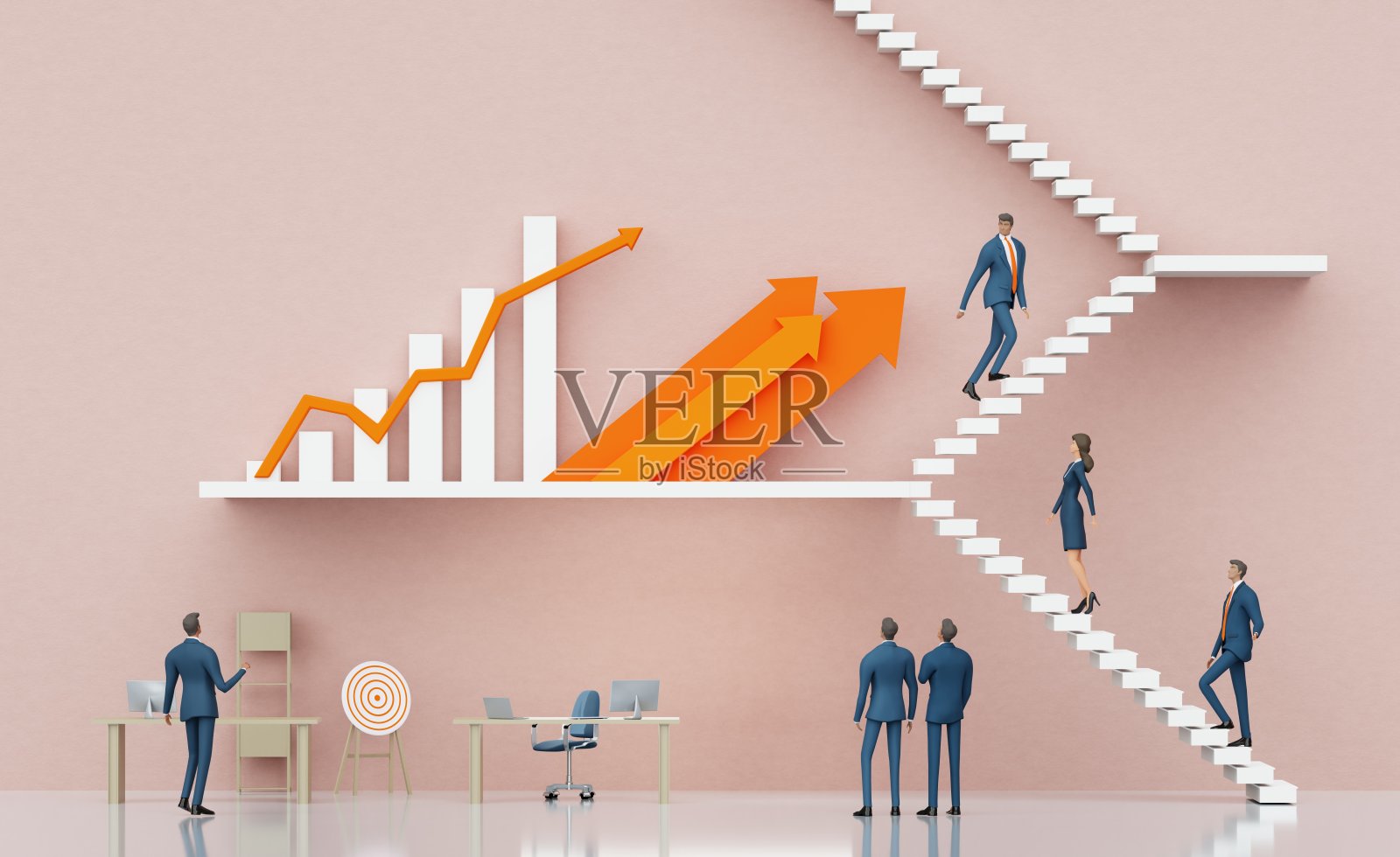 商业人士、银行家和投资者、财务顾问正在大型图表、图示和箭头旁工作，这些图表代表着成功和增长。3D渲染。照片摄影图片