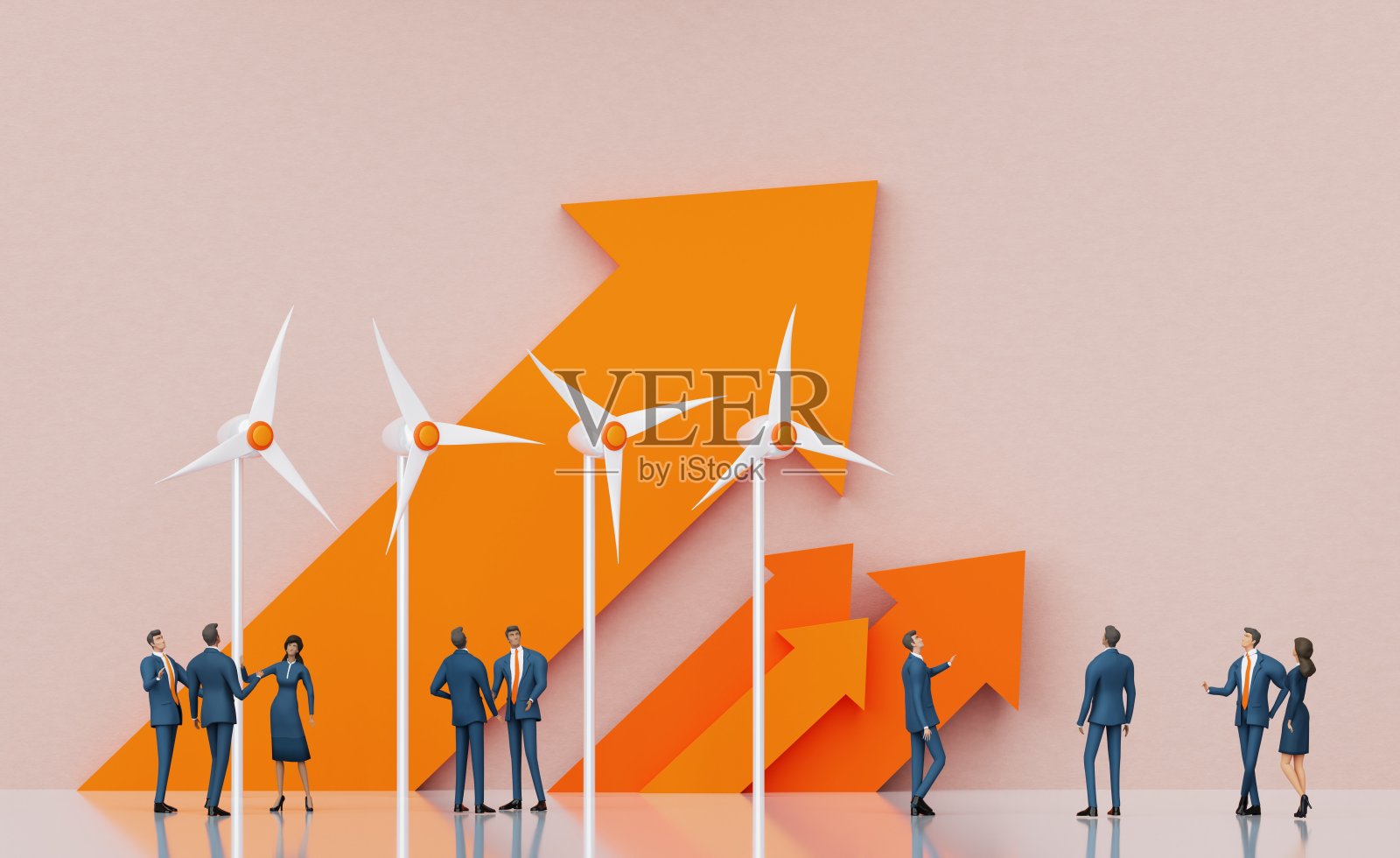 风力发电机。替代能源，环保未来。商界人士讨论可再生能源。替代能源，环保系统。3D渲染。照片摄影图片