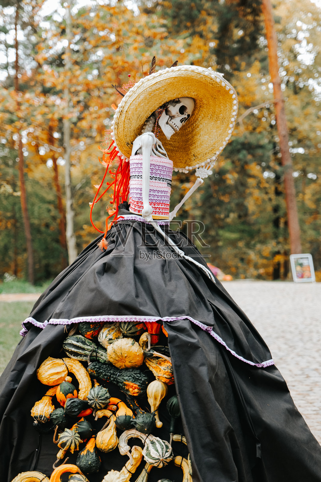 亡灵节装饰。万圣节稻草人与南瓜和葫芦照片摄影图片