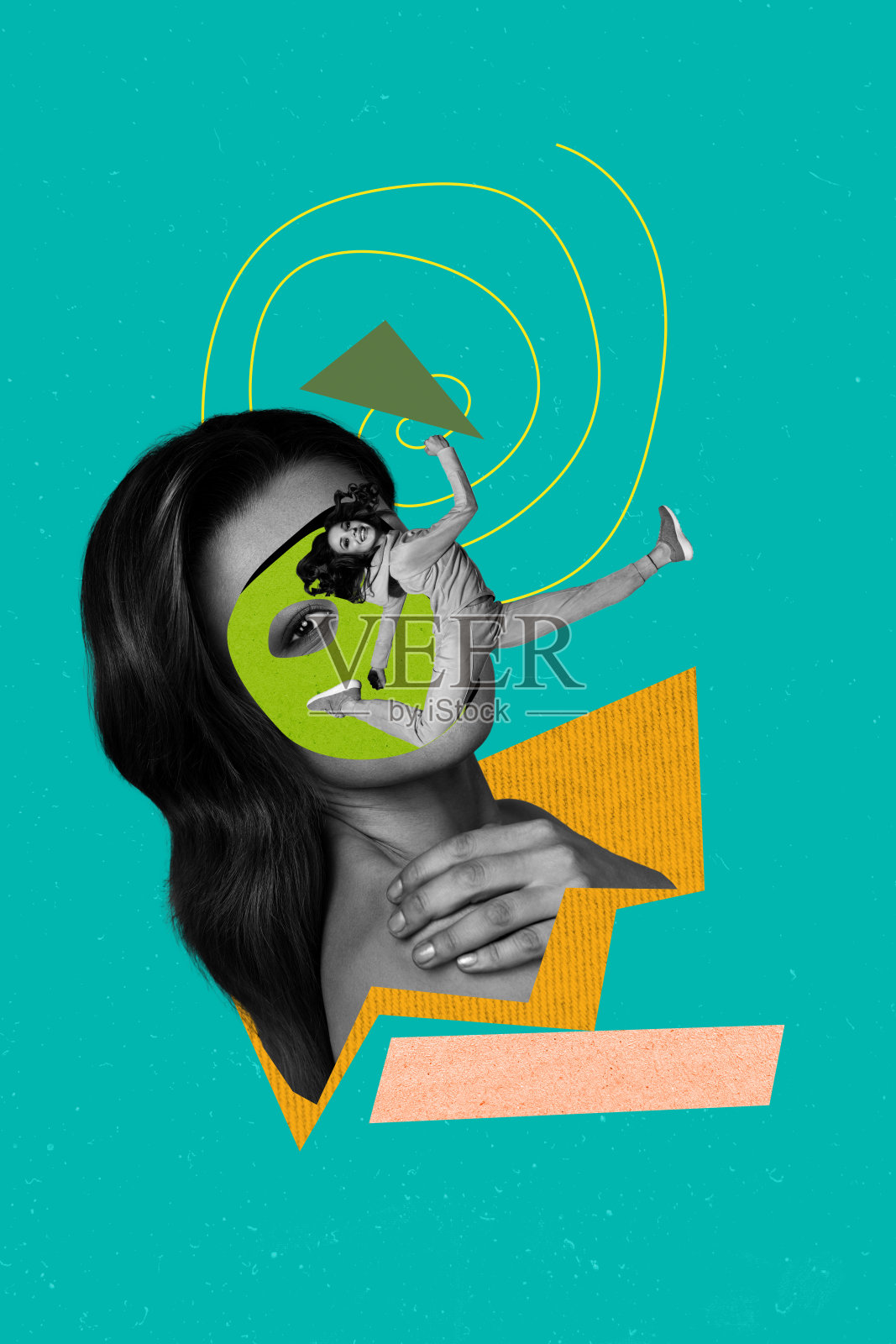 奇怪的海报拼贴，背景为绿色，展示一个小人脸部与人类面孔融合，只有一只眼睛。照片摄影图片