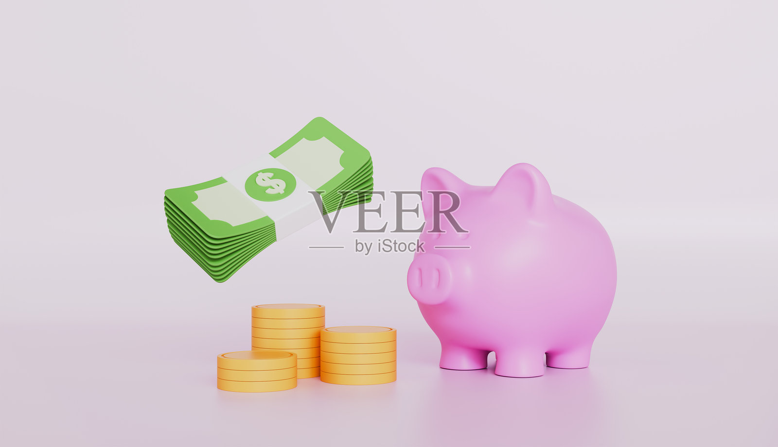 储蓄罐和飞舞的钞票，财务储蓄概念照片摄影图片