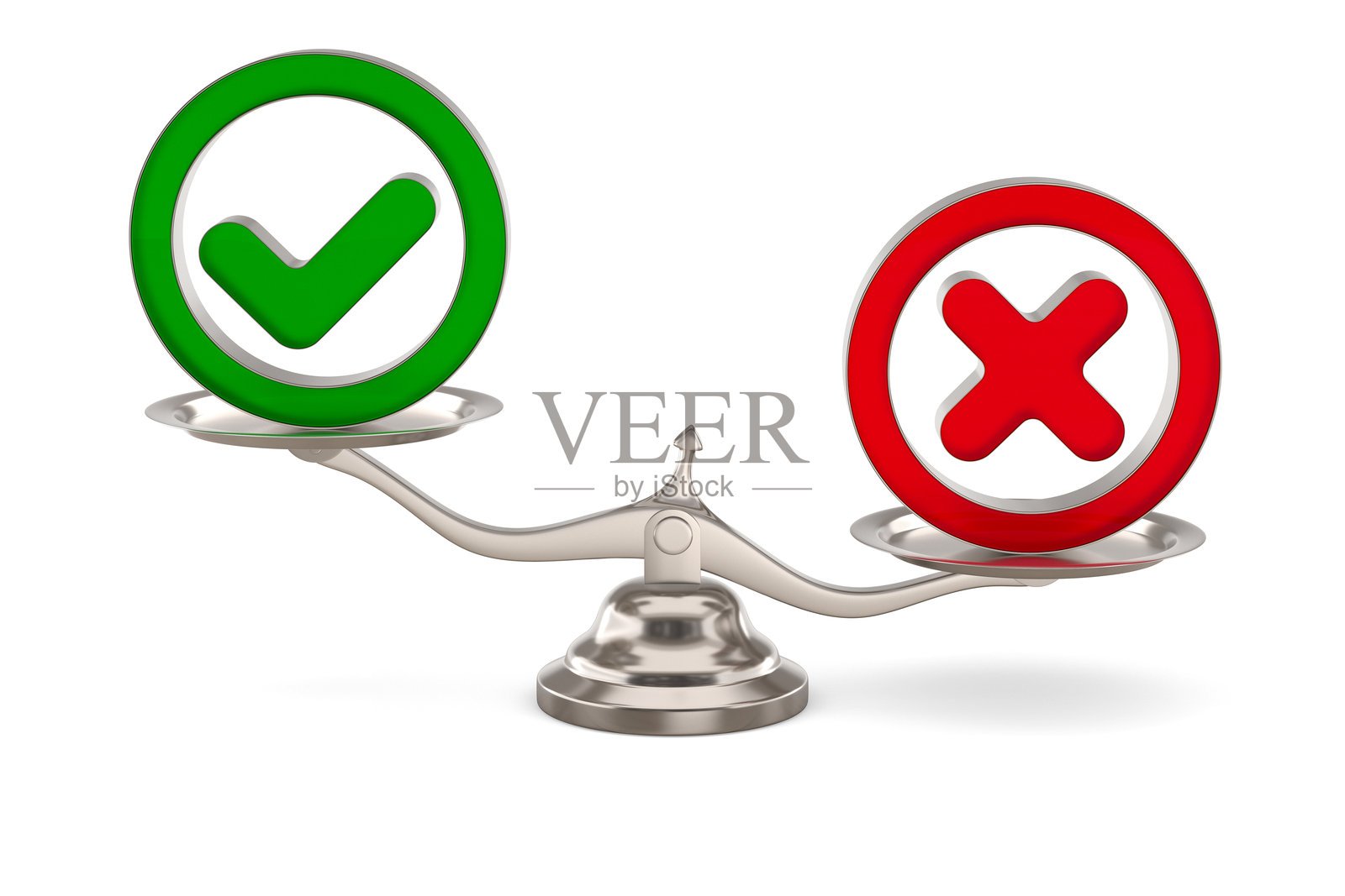 拒绝标志和勾选标记在天平上。白色背景。孤立的3D插图照片摄影图片