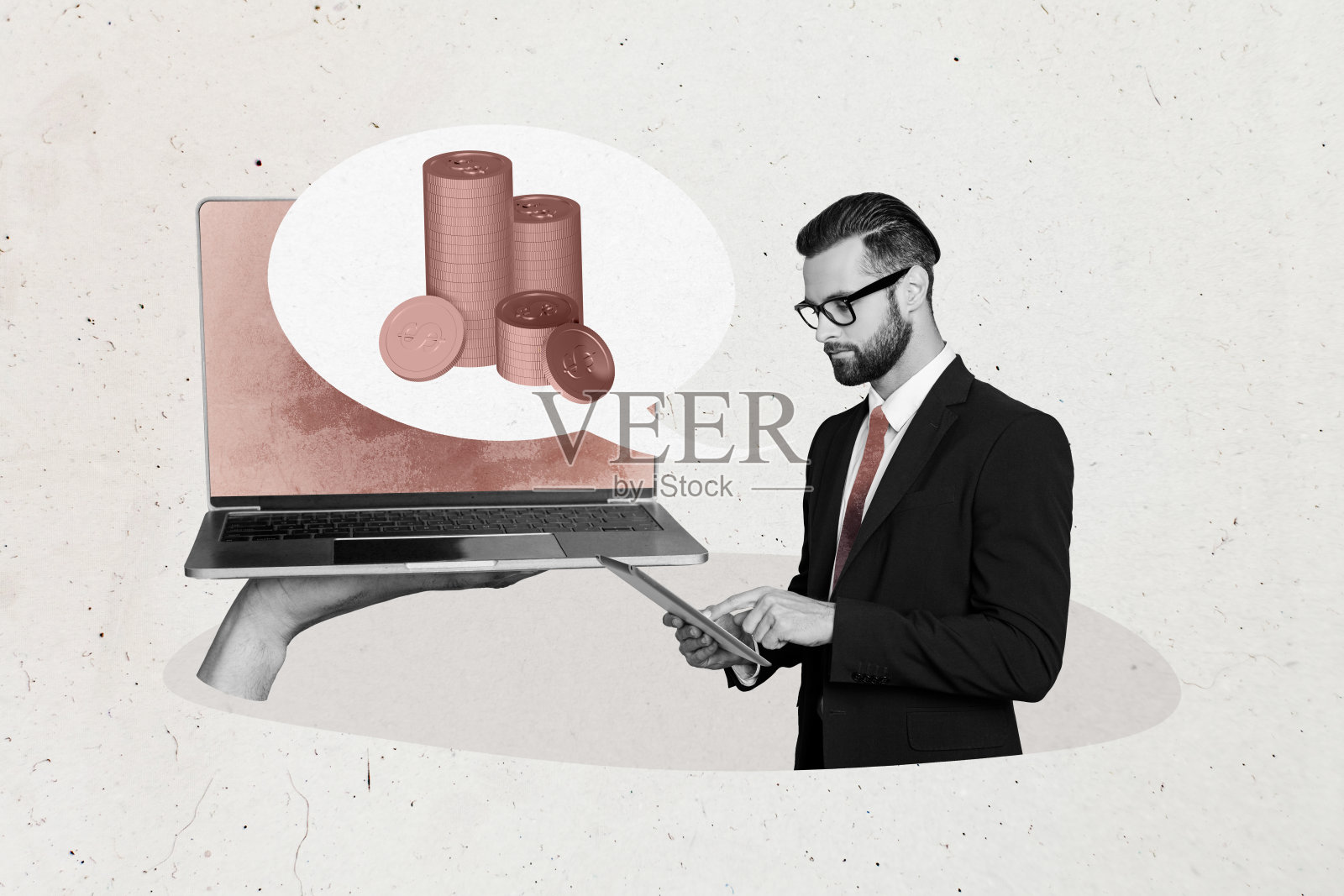 趋势艺术作品复合横幅照片拼贴，手持笔记本电脑的商人工作，平板电脑，堆积的硬币，薪资，市场，金融，收益，金钱照片摄影图片