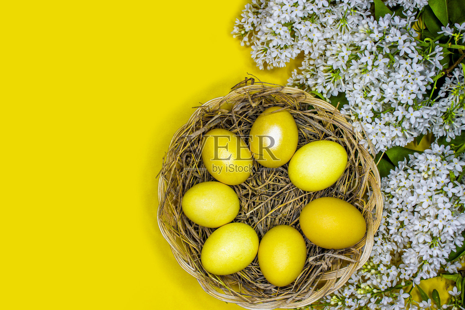 复活节背景，金色鸡蛋与白色丁香花照片摄影图片