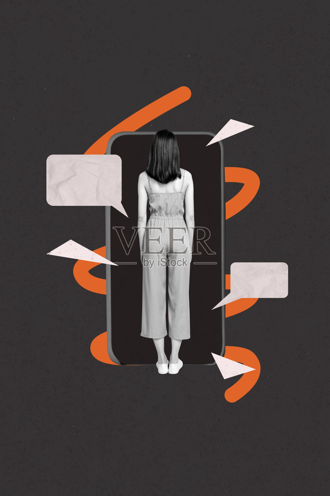 黑色背景上，站在前面的手机前的人物海报拼贴，包含电子邮件和短信元素。照片摄影图片