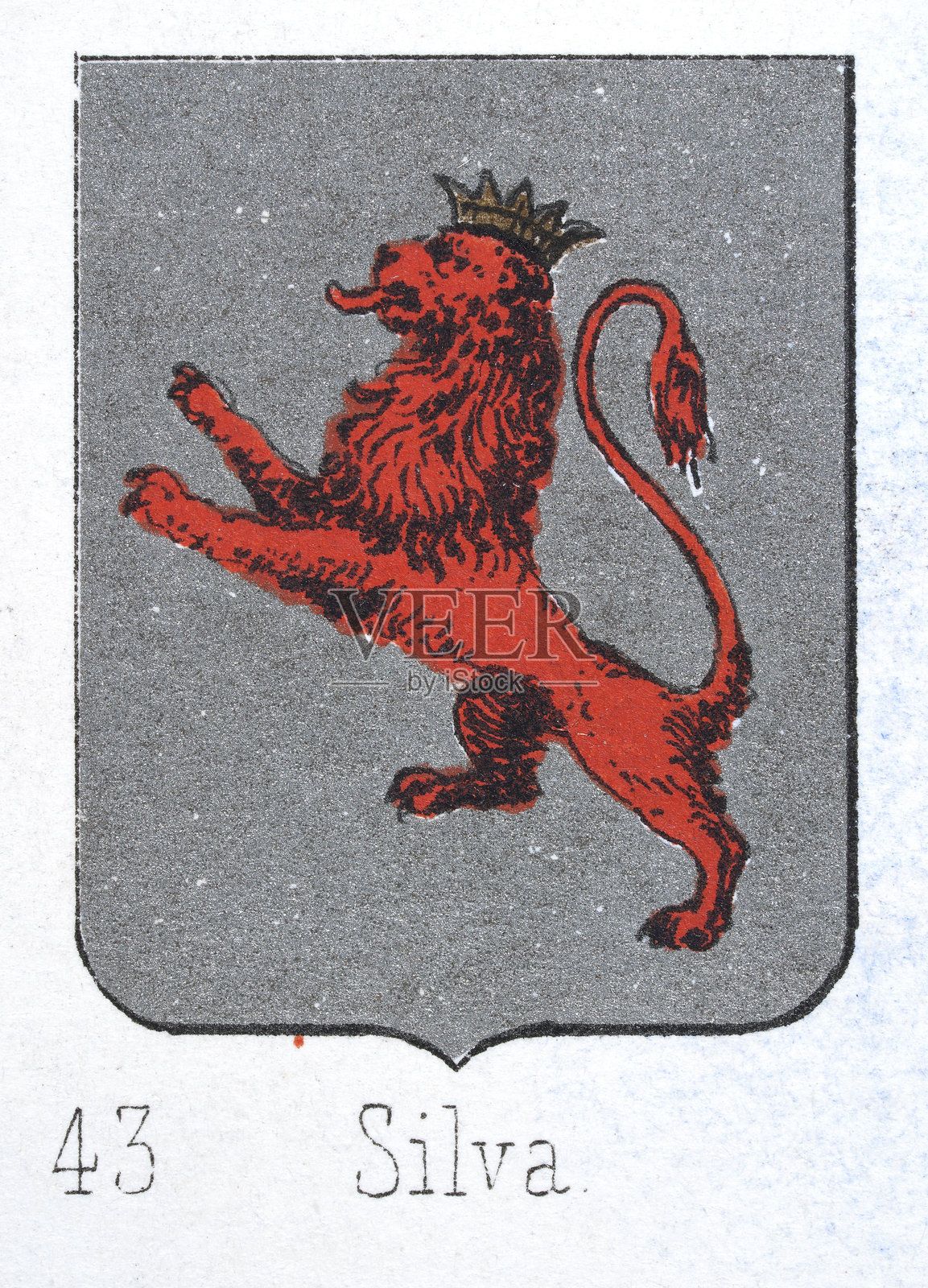 中世纪纹章，徽章，带有红色狮子和皇冠的盾牌，银色，西班牙，复古插图插画图片素材