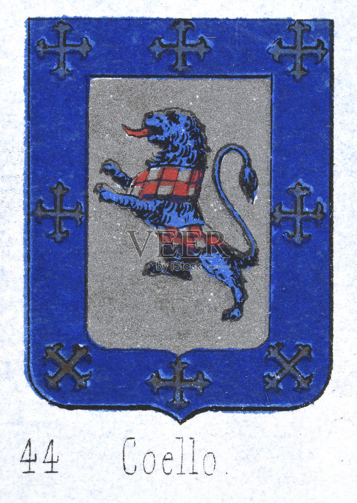 中世纪纹章，徽章，带有蓝色、银色的狮子盾牌，西班牙，复古插图插画图片素材