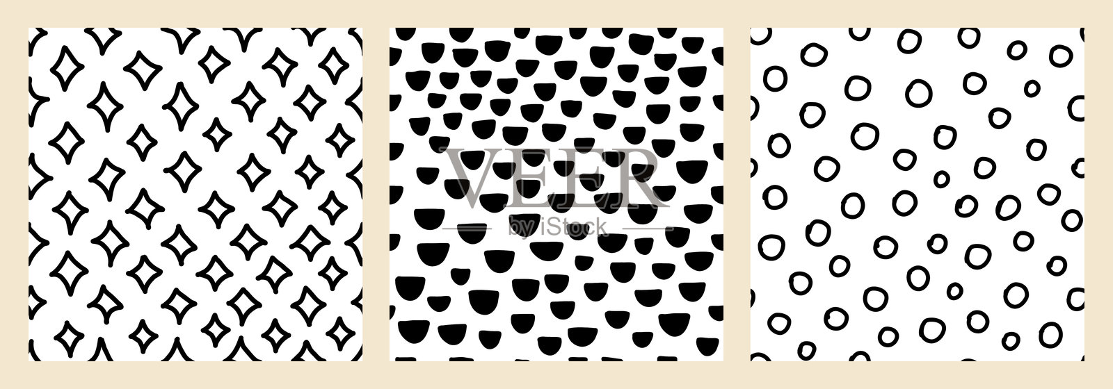 一组手绘的黑白无缝纹理，包含点、圆、星星和虚线。趣味涂鸦矢量重复图案，适合用于面料、包装、背景和创意设计。插画图片素材