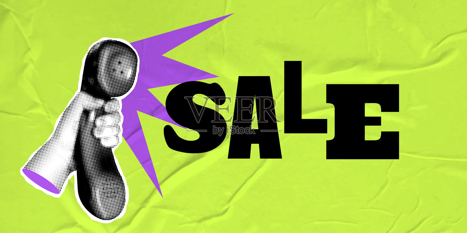 促销横幅。现代拼贴风格，带有半色调的手握电话听筒。促销公告横幅。插画图片素材