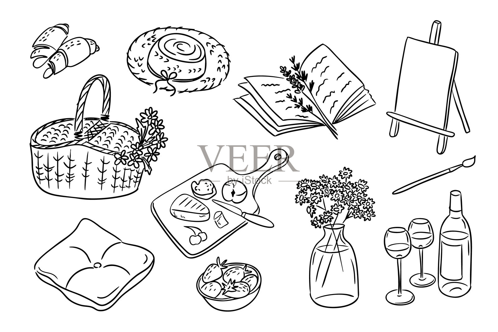 野餐主题涂鸦套装，手绘食物插画图片素材