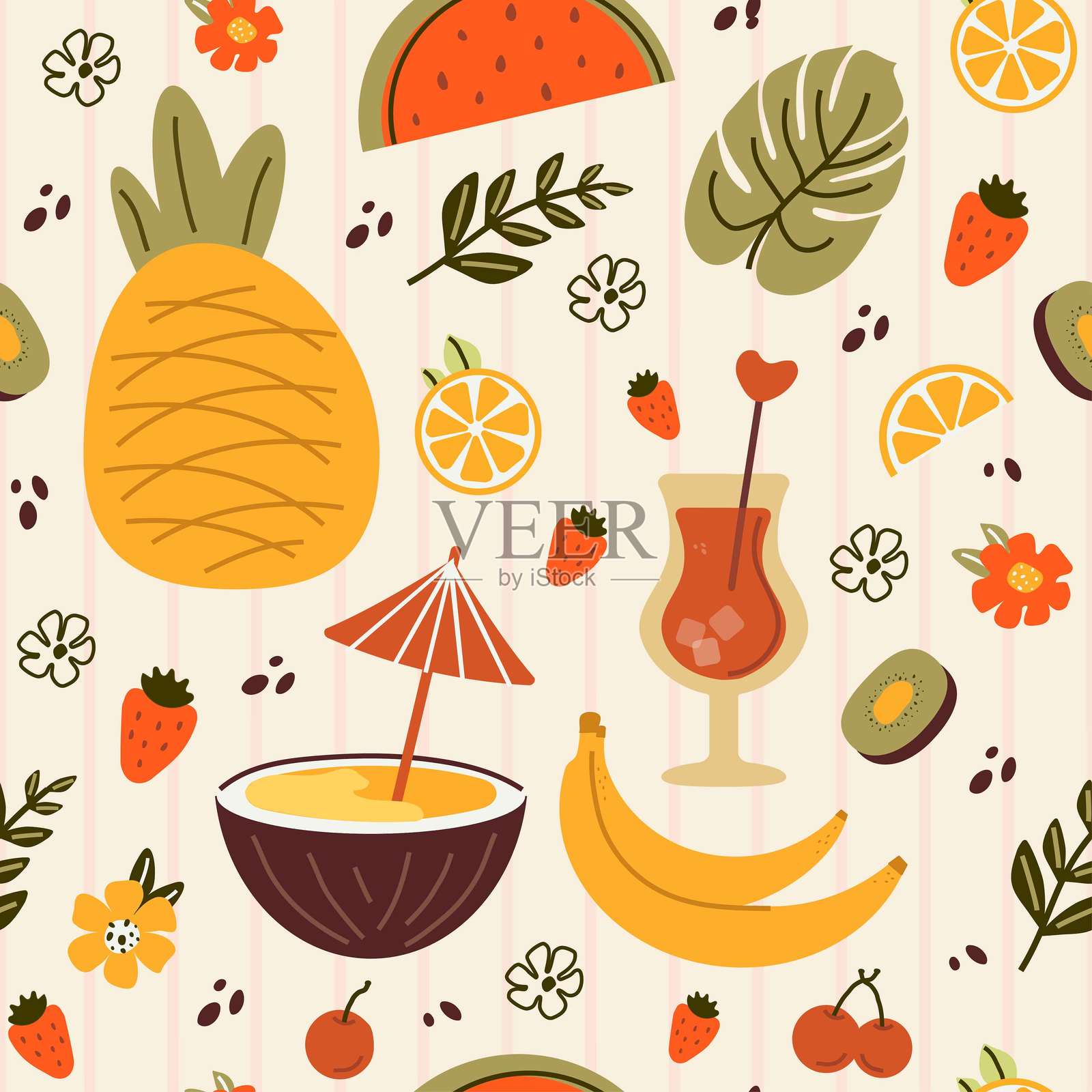 夏日氛围。可爱元素的无缝图案：西瓜、柠檬、草莓、椰子、香蕉、龟背竹、菠萝。流行的背景、横幅、明信片。适合线性、极简风格的印刷。艺术矢量插图。插画图片素材