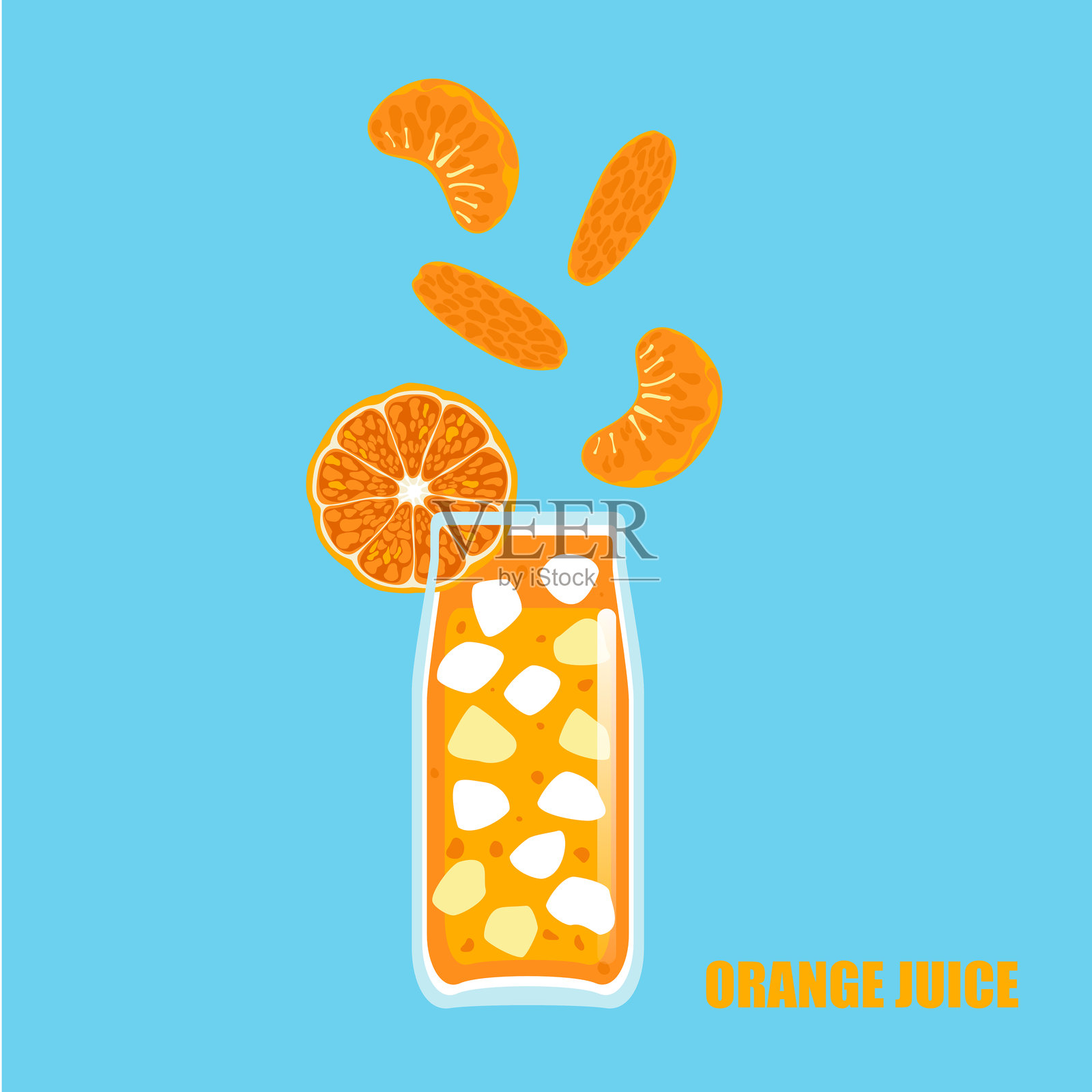 卡通风格的饮料矢量插图，橙汁、水果汁，冰块在高脚杯中。明亮有趣的现代风格。可用于饮品菜单设计、广告或食品与健康网站。插画图片素材