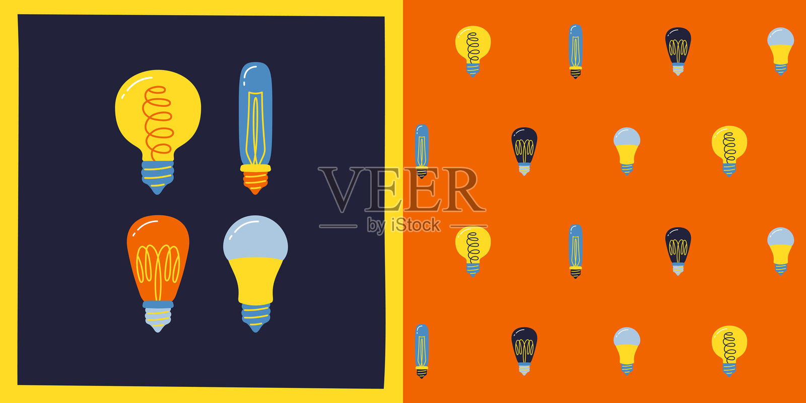现代灯泡套装与无缝图案卡通节能创意思维无尽矢量设计插画图片素材