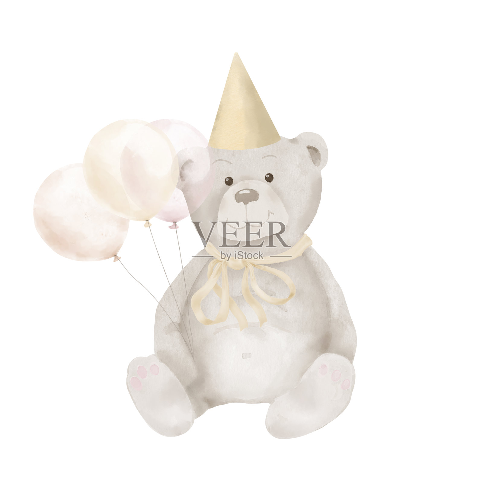 一只棕色的泰迪熊，手里抱着气球的毛绒玩具。水彩插图。带着蝴蝶结的搞笑玩具动物，背景为白色。适合儿童主题。插画图片素材