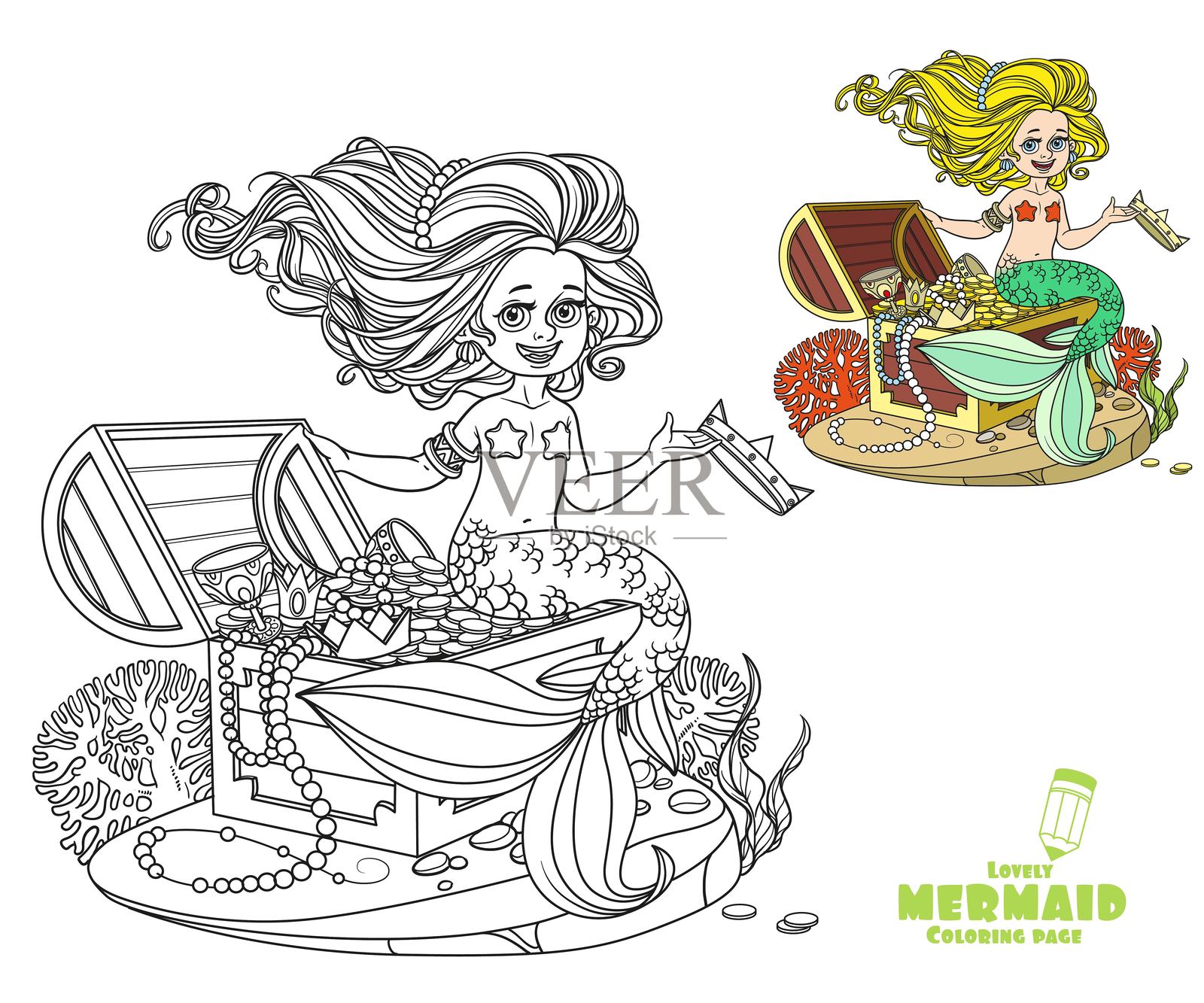美丽的小美人鱼女孩坐在宝箱上，手中拿着皇冠的涂色页，背景为白色。插画图片素材