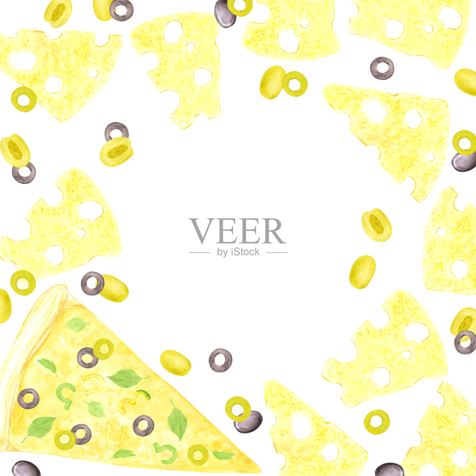 手绘水彩素食披萨框架边框。插图展示了切好的奶酪、橄榄和罗勒，背景为白色。可用于标签、卡片、剪贴簿及其他印刷产品。插画图片素材