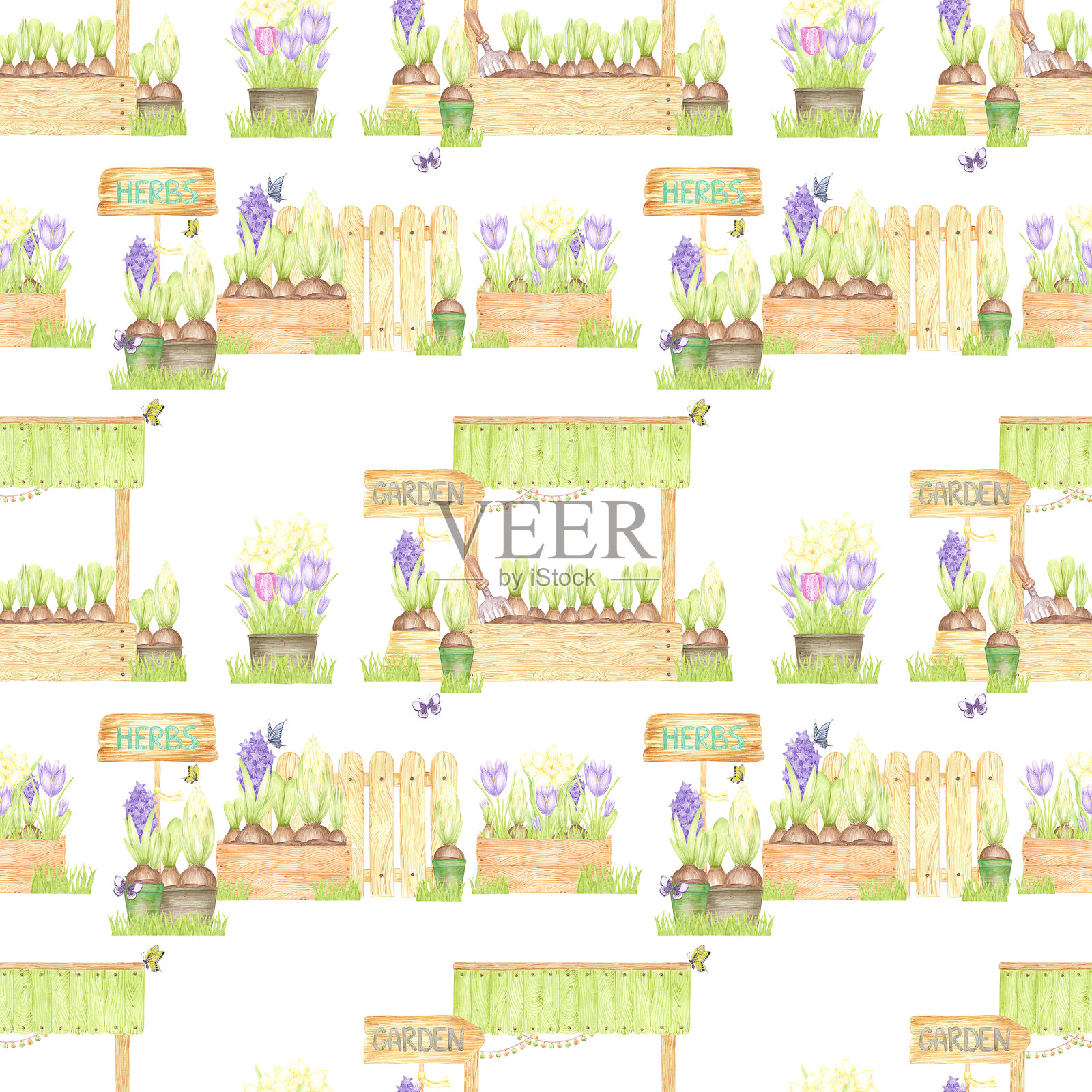 手绘水彩花园花卉，装在花盆和花箱中，伴有蝴蝶的无缝图案，背景为白色。可用于纺织品、布料、剪贴簿及其他印刷产品。插画图片素材