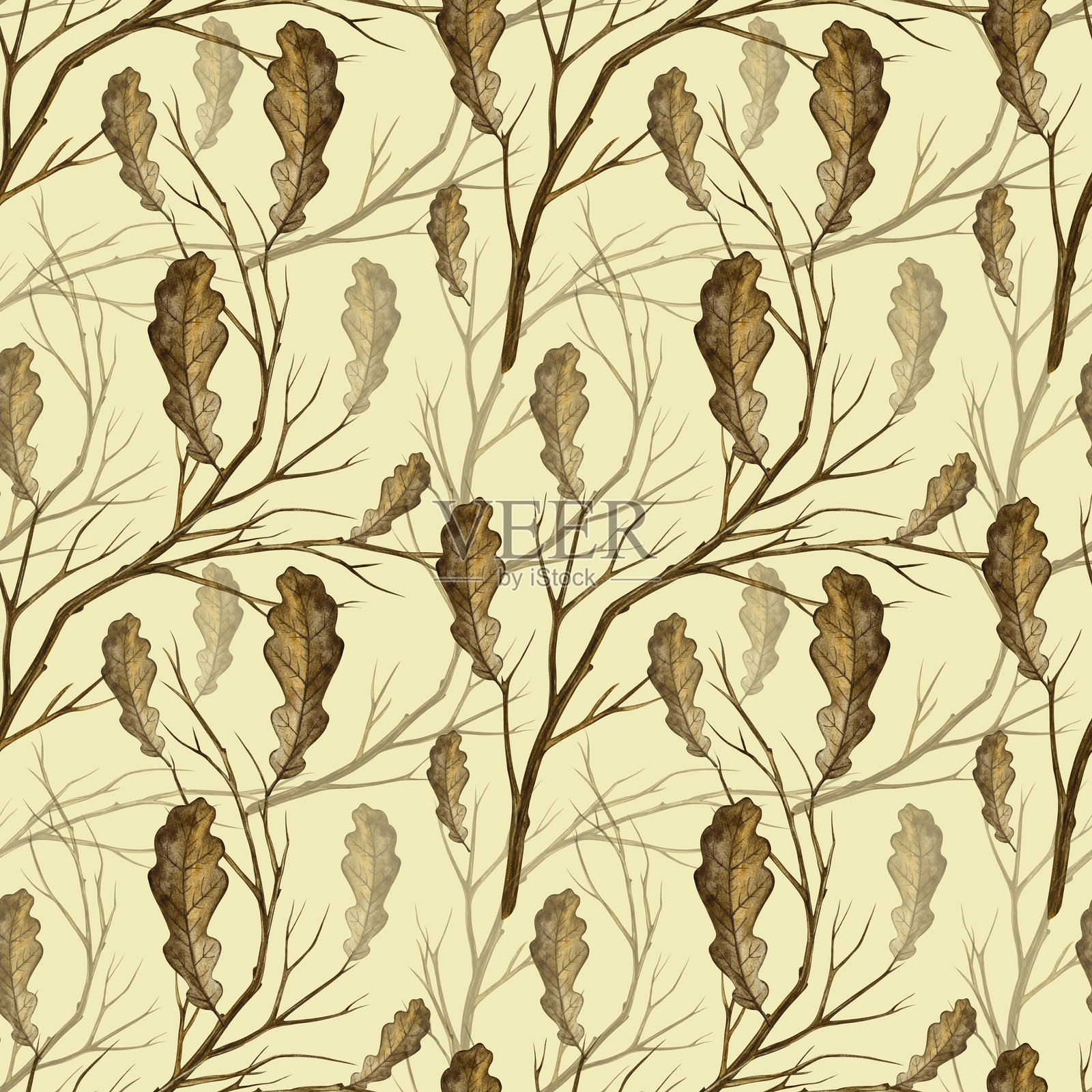 无缝的秋季橡树叶和树枝图案。手工水彩插图。背景为彩色。非常适合包装、装饰、纺织品和壁纸，以及印刷和包装纸。插画图片素材