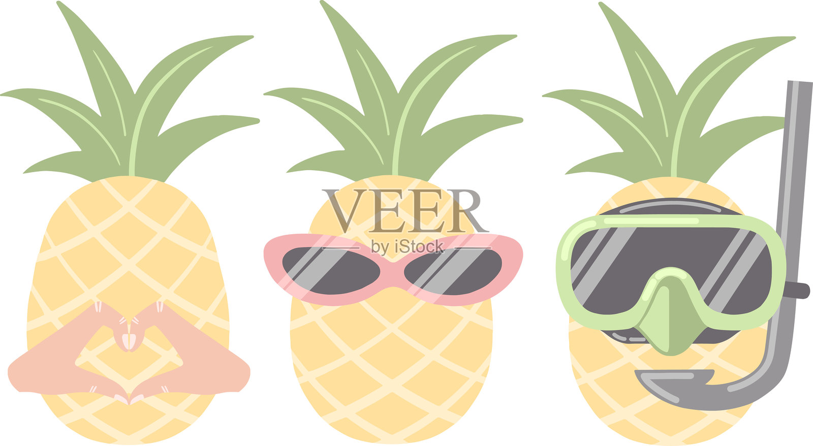 带着太阳镜和潜水面具的搞笑矢量菠萝插图，双手独立。插画图片素材