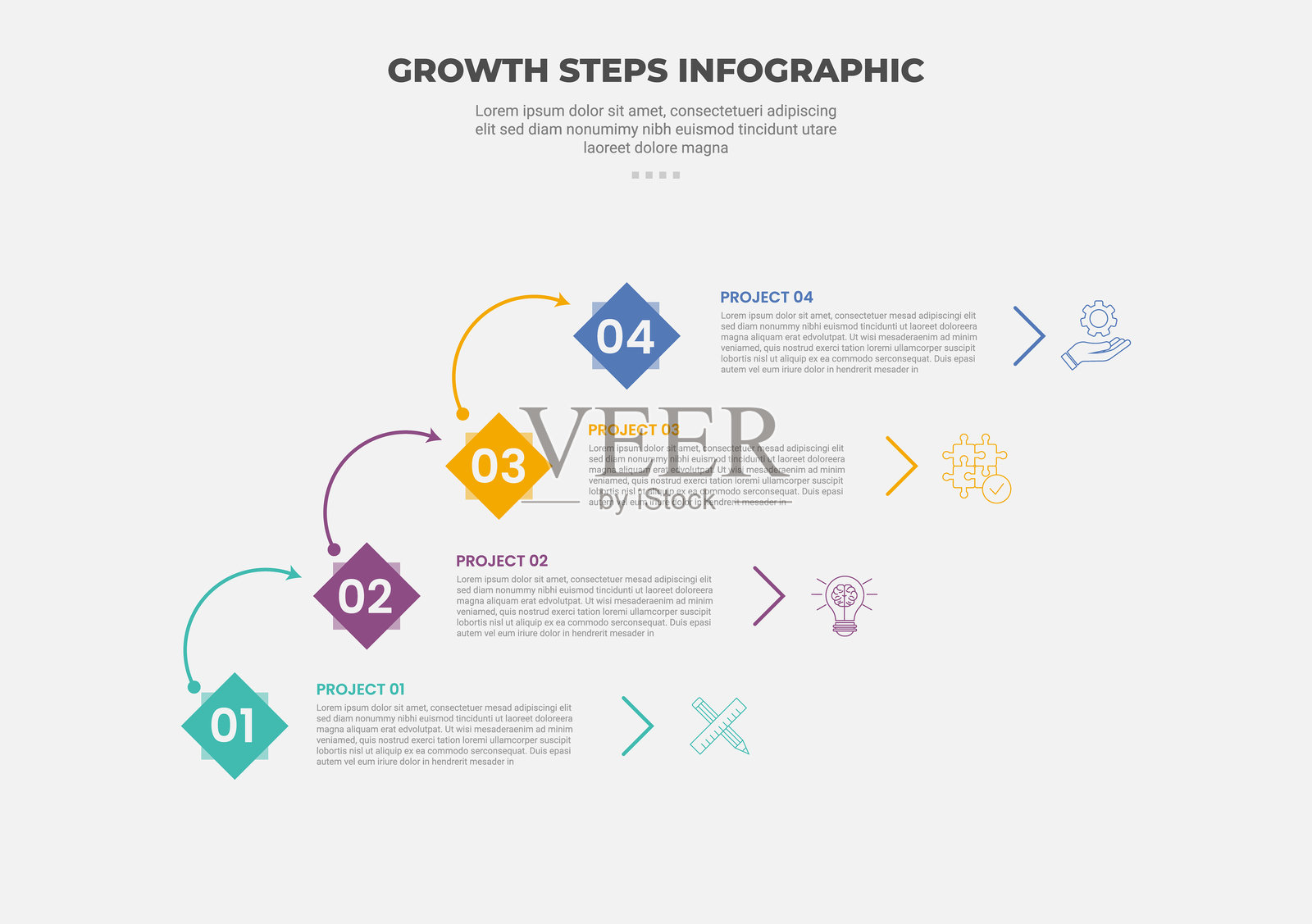 成长步骤旅程概念信息图表轮廓风格，带有四个要点模板，采用菱形和箭头点连接，适用于幻灯片演示。插画图片素材
