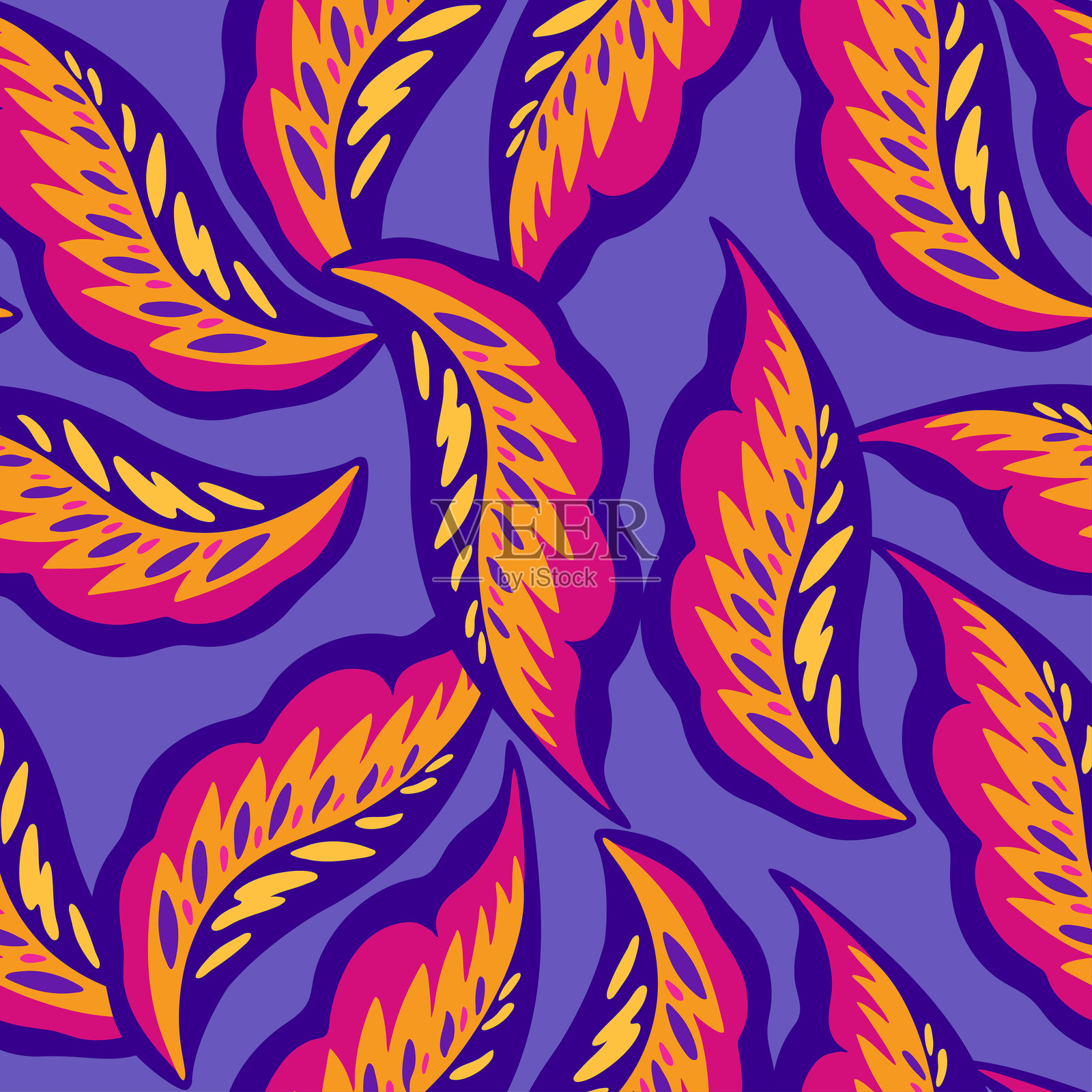 色彩丰富的装饰性无缝图案，包含简单的抽象有机花卉元素。生动的迷幻矢量插图插画图片素材