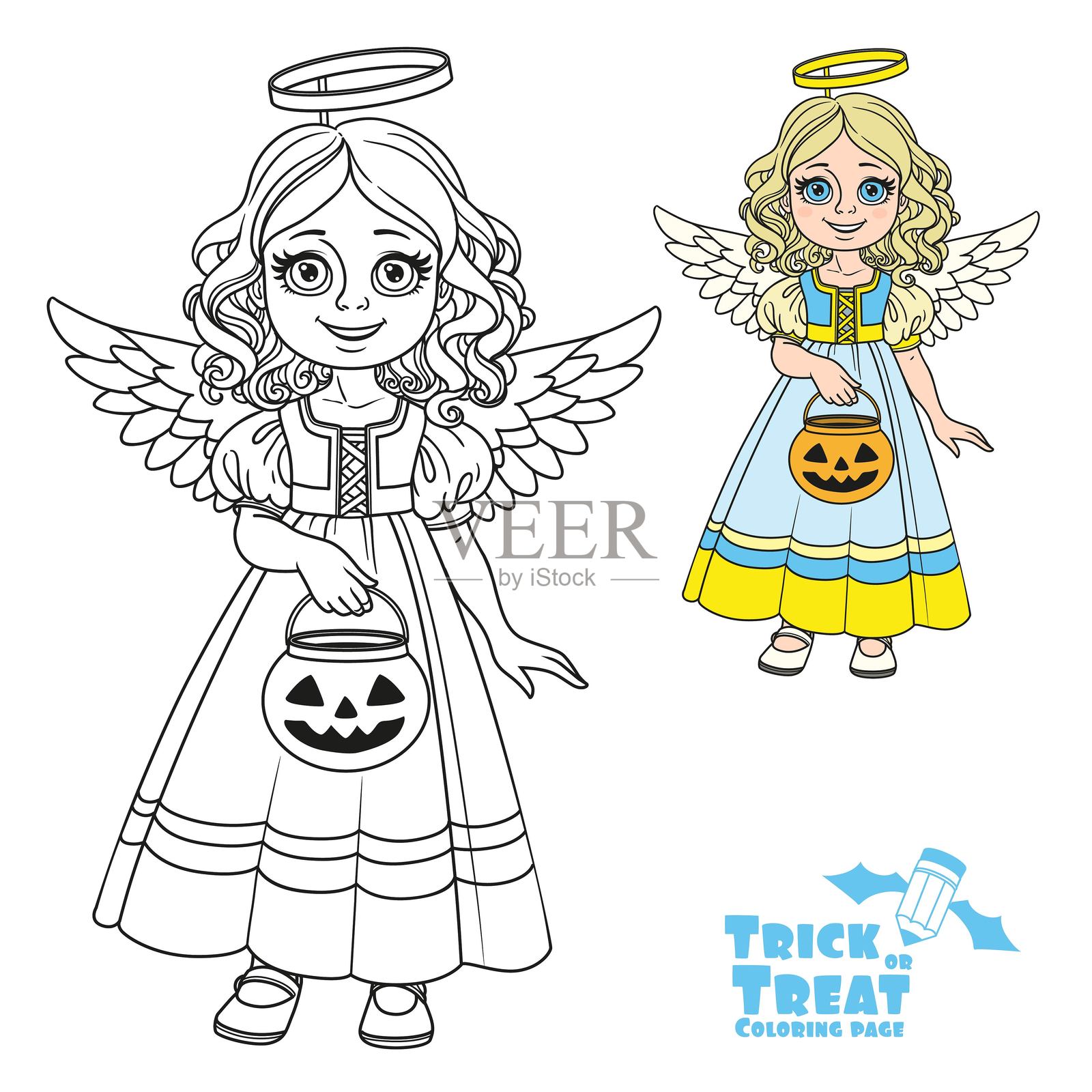 可爱的女孩穿着天使服装，手里拿着一个装糖果的南瓜袋，适合涂色的轮廓图。插画图片素材